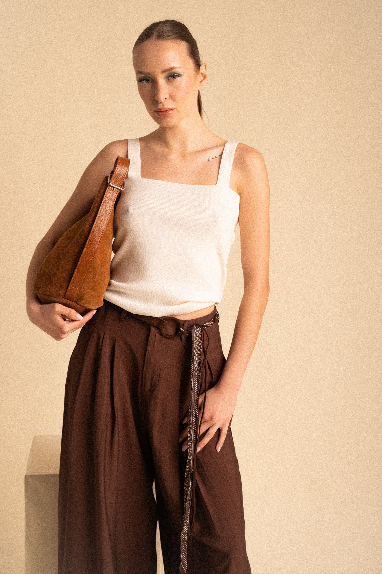 Pantalone Palazzo marrone Donna con Cintura Fantasia