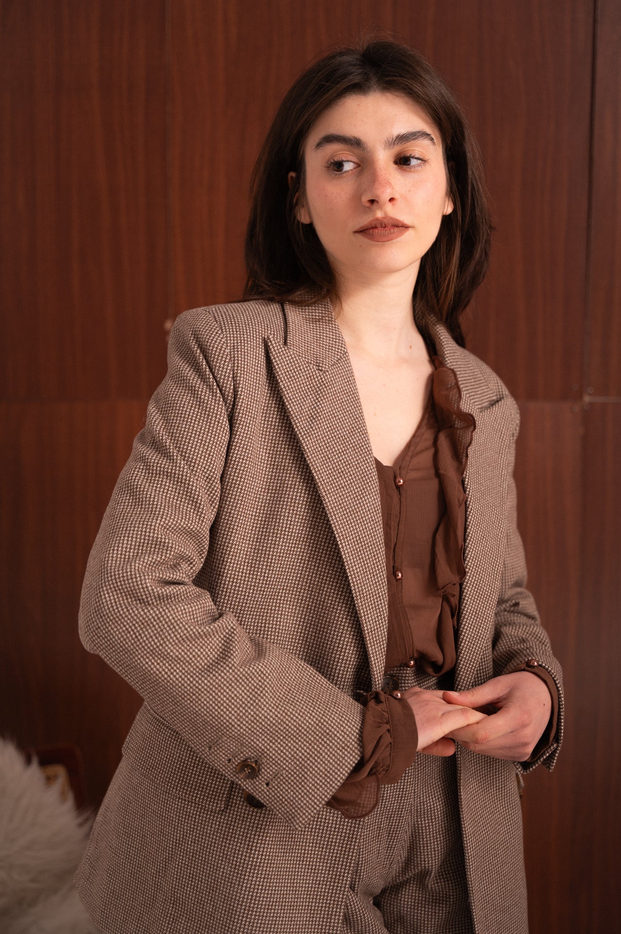 Coordinato Blazer e Shorts Micro Fantasia Pied de Poule Tortora