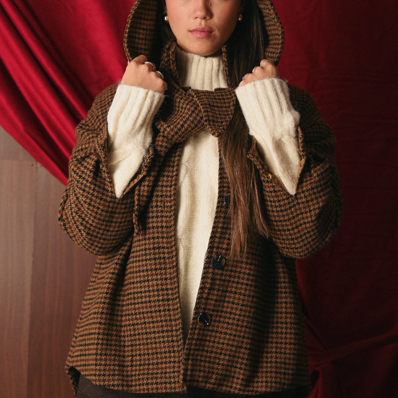 Giacchino Corto Donna Pied de Poule con Cappuccio | Giacca 35% Lana Bottoni | Stile Collegiale