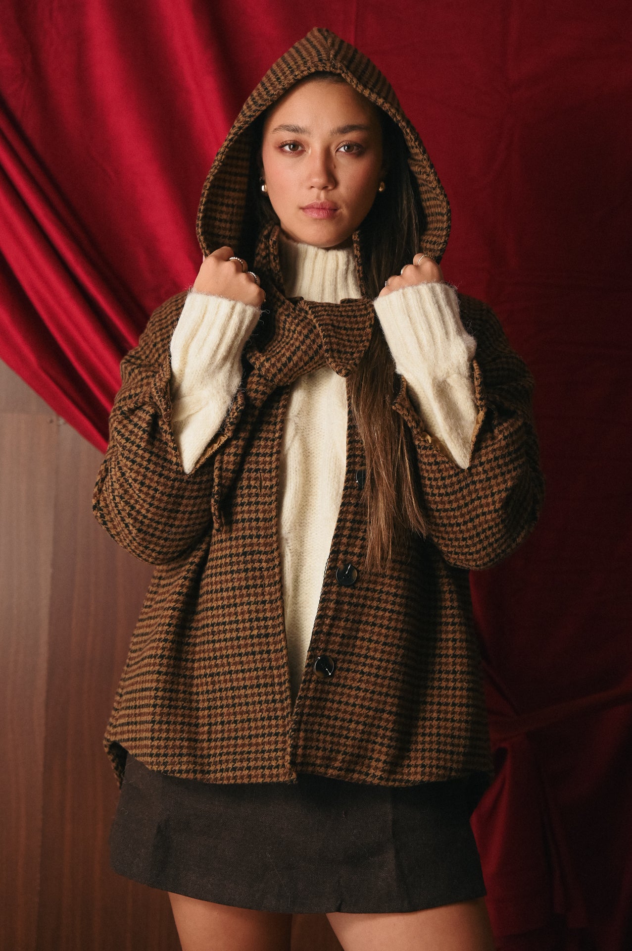 Giacchino Corto Donna Pied de Poule con Cappuccio | Giacca 35% Lana Bottoni | Stile Collegiale