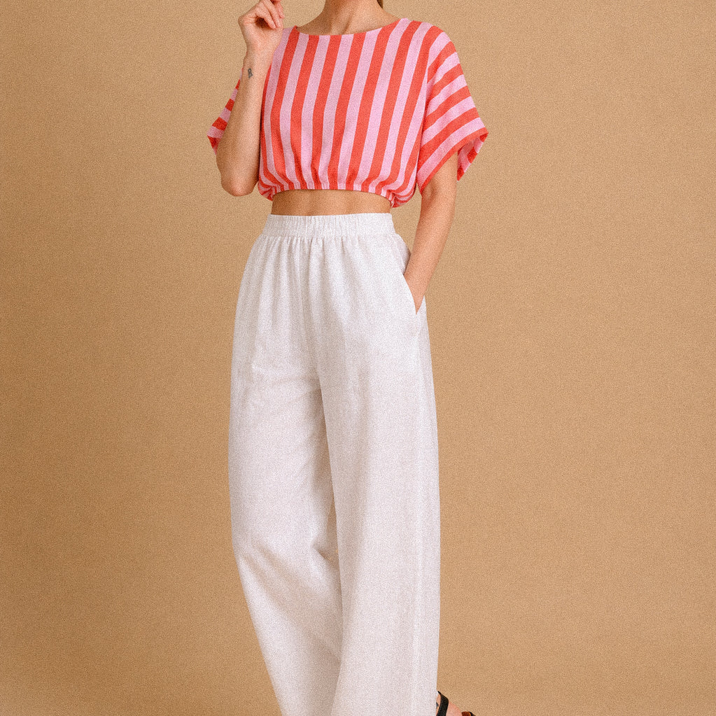 Crop Top Donna a Righe Corallo e Rosa – Blusa Corta con Arricciatura