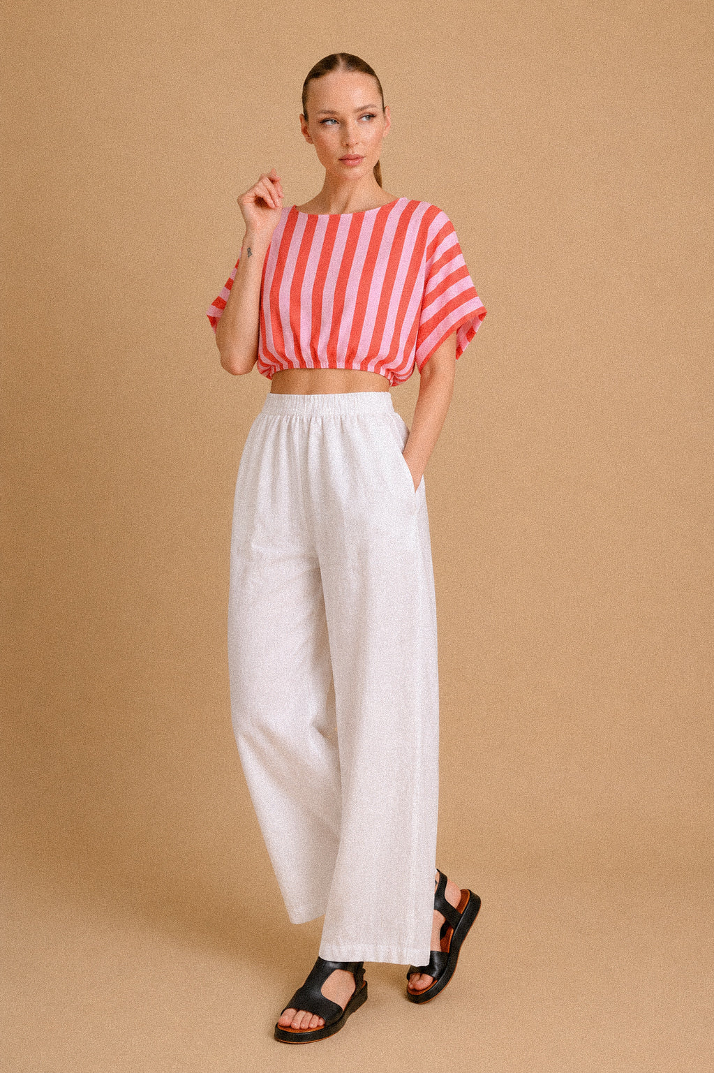Crop Top Donna a Righe Corallo e Rosa – Blusa Corta con Arricciatura