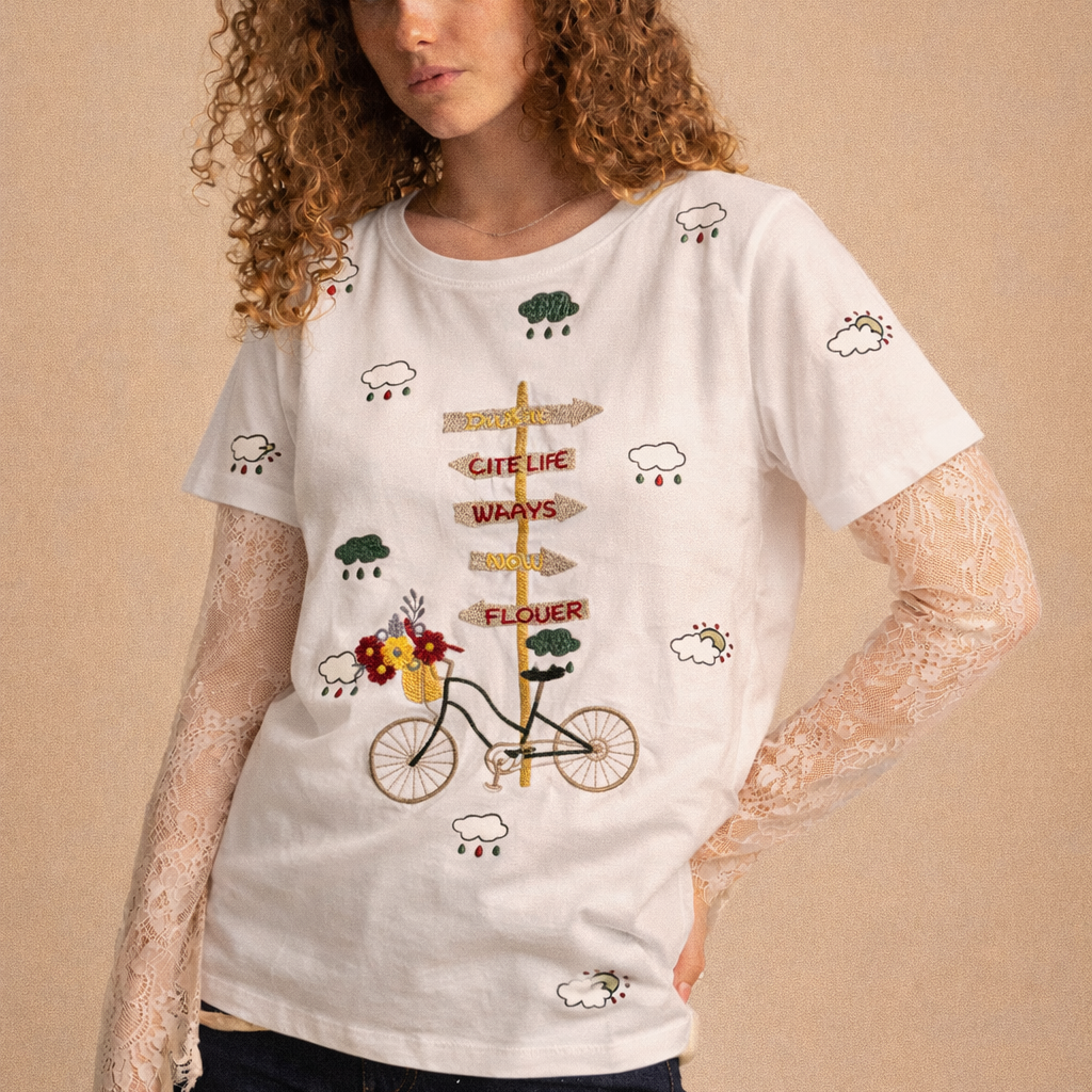 T-shirt Donna Bianca Ricamata in Cotone 100%