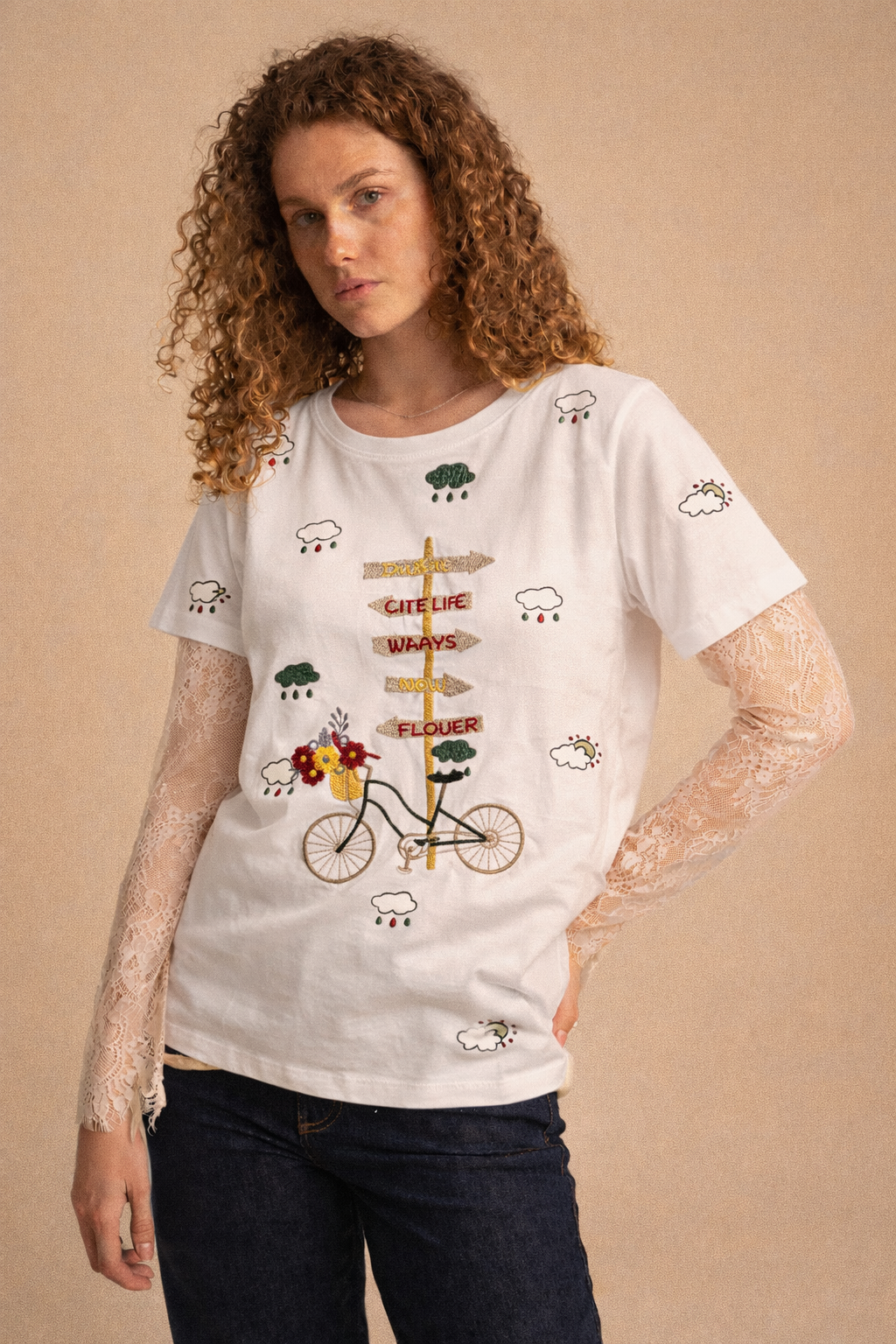 T-shirt Donna Bianca Ricamata in Cotone 100%