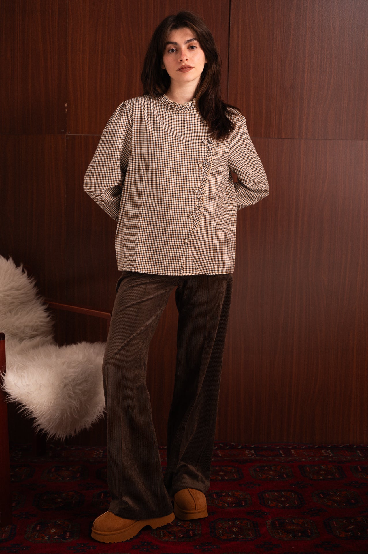 Blusa Donna Principe di Galles Tortora con Abbottonatura Laterale