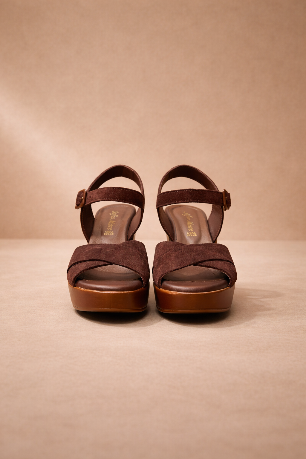 Sandalo in Pelle marrone con Tacco Largo e Plateau