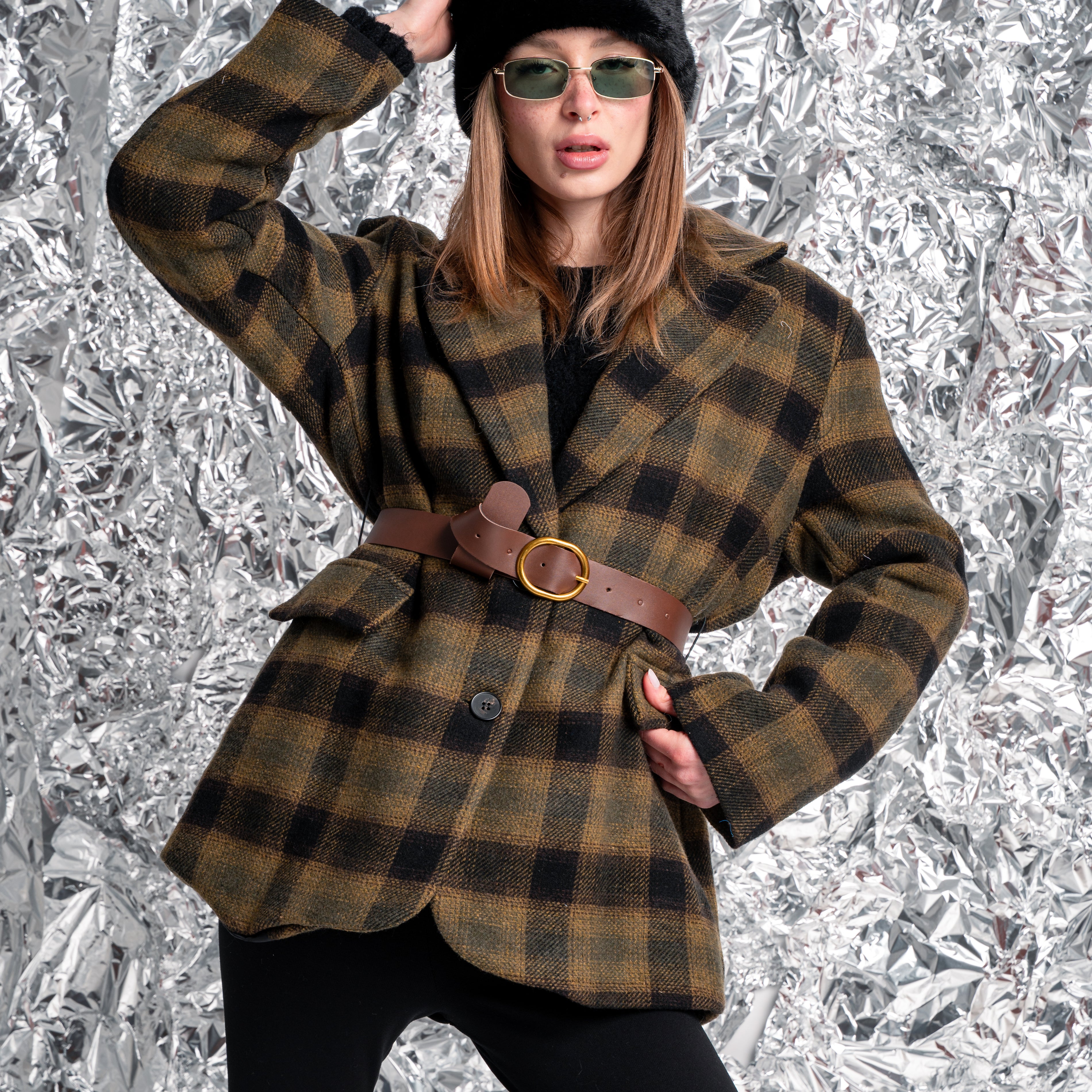 Cappotto corto a quadri multicolor con cintura