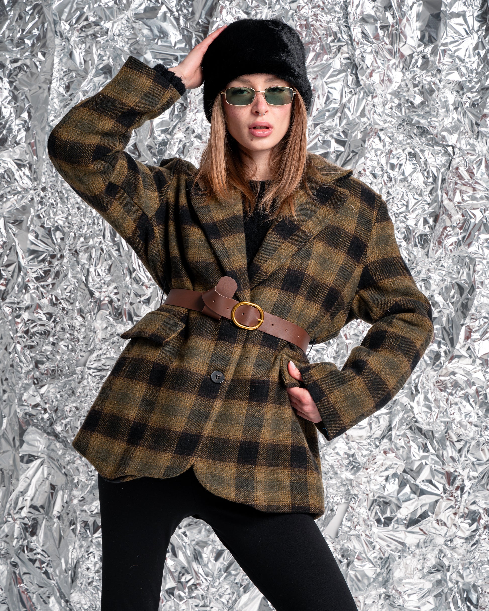 Cappotto corto a quadri multicolor con cintura