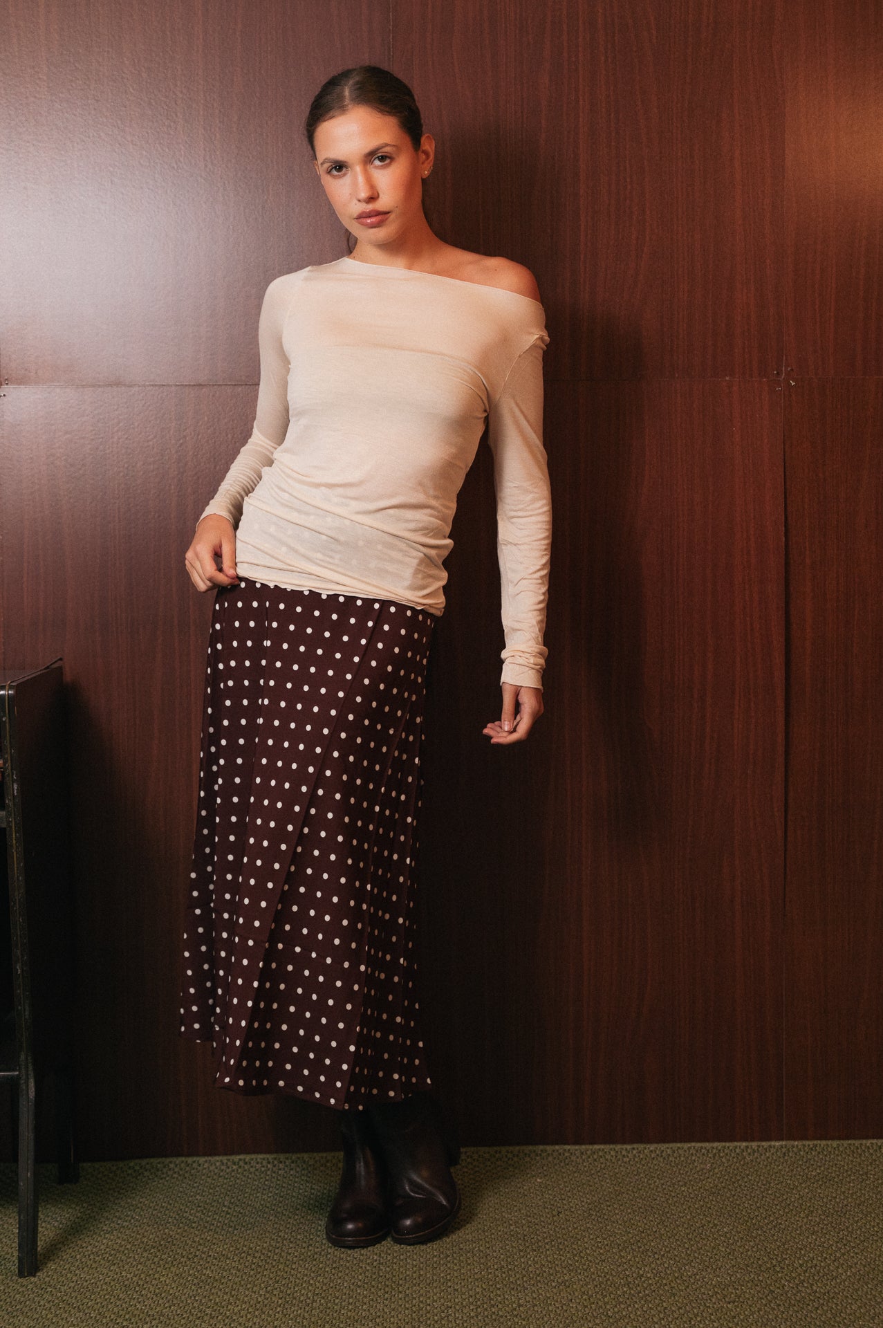 Gonna Midi a Pois Marrone Effetto Seta