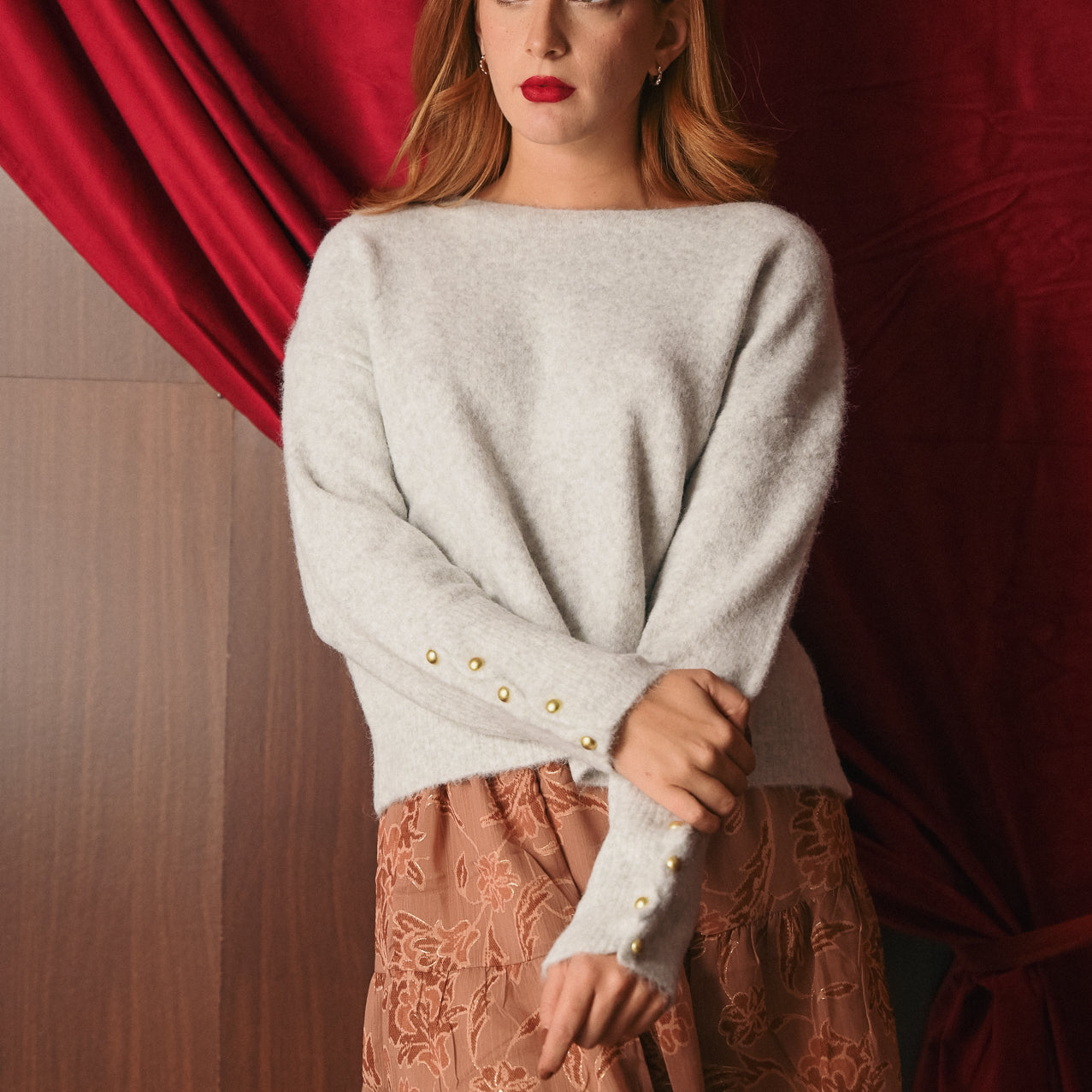 Maglione Grigio Mélange Bottoni Oro | Pullover Lana Blend Scollo Barca