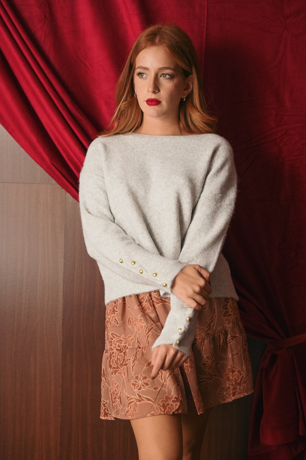 Maglione Grigio Mélange Bottoni Oro | Pullover Lana Blend Scollo Barca