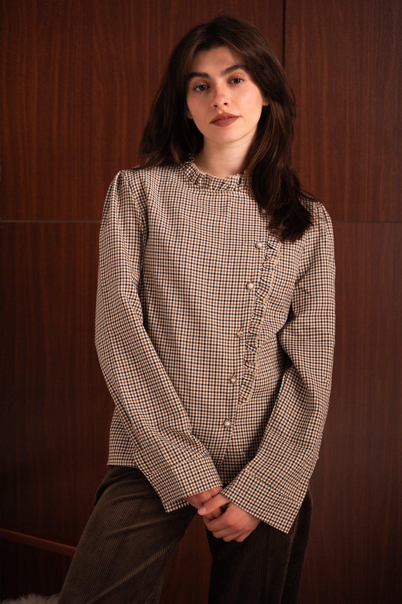 Blusa Donna Principe di Galles Tortora con Abbottonatura Laterale