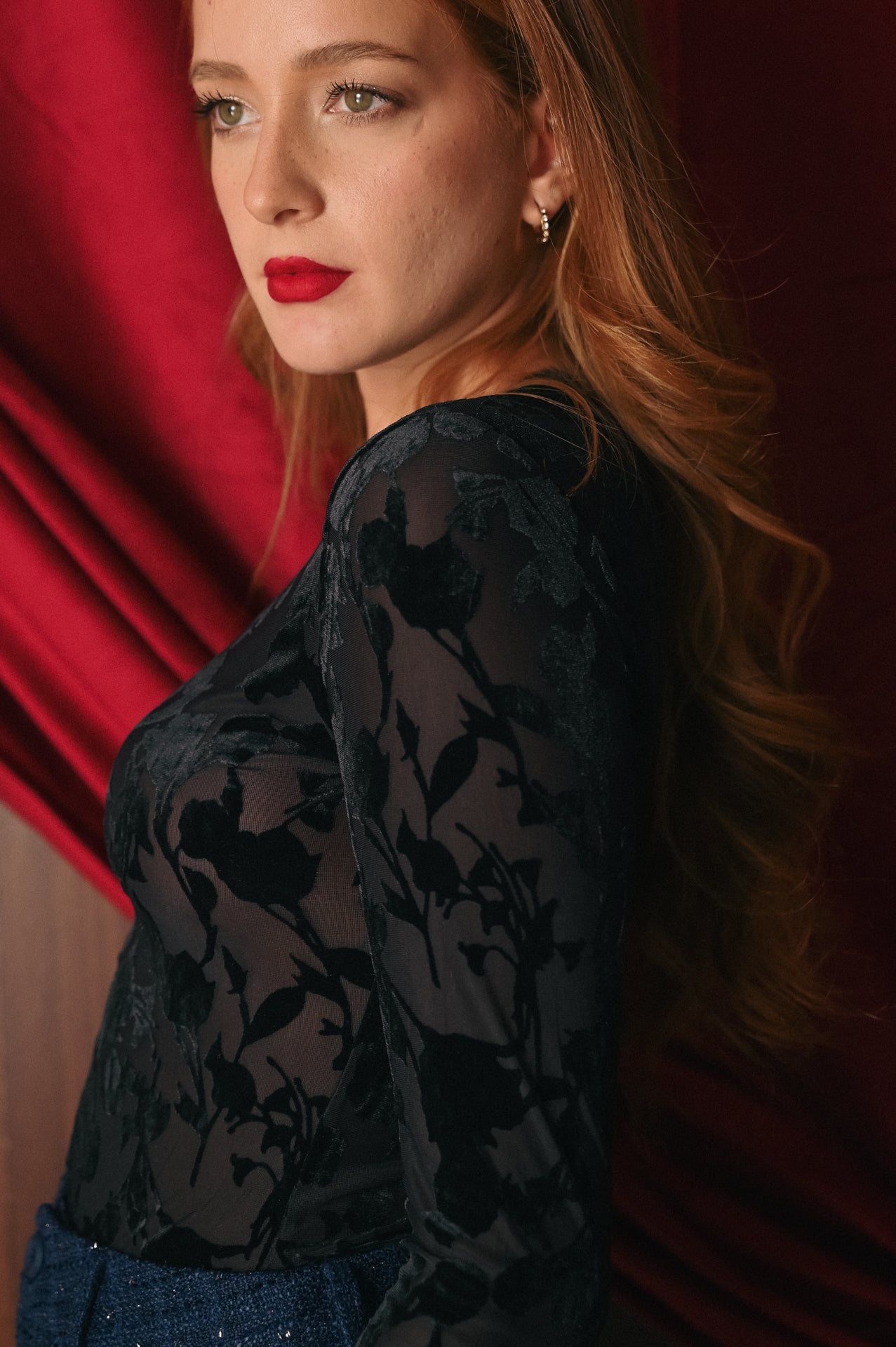 Body Blu Devoré Donna | Body Trasparente Velluto con Ganci | Body Elegante Maniche Lunghe