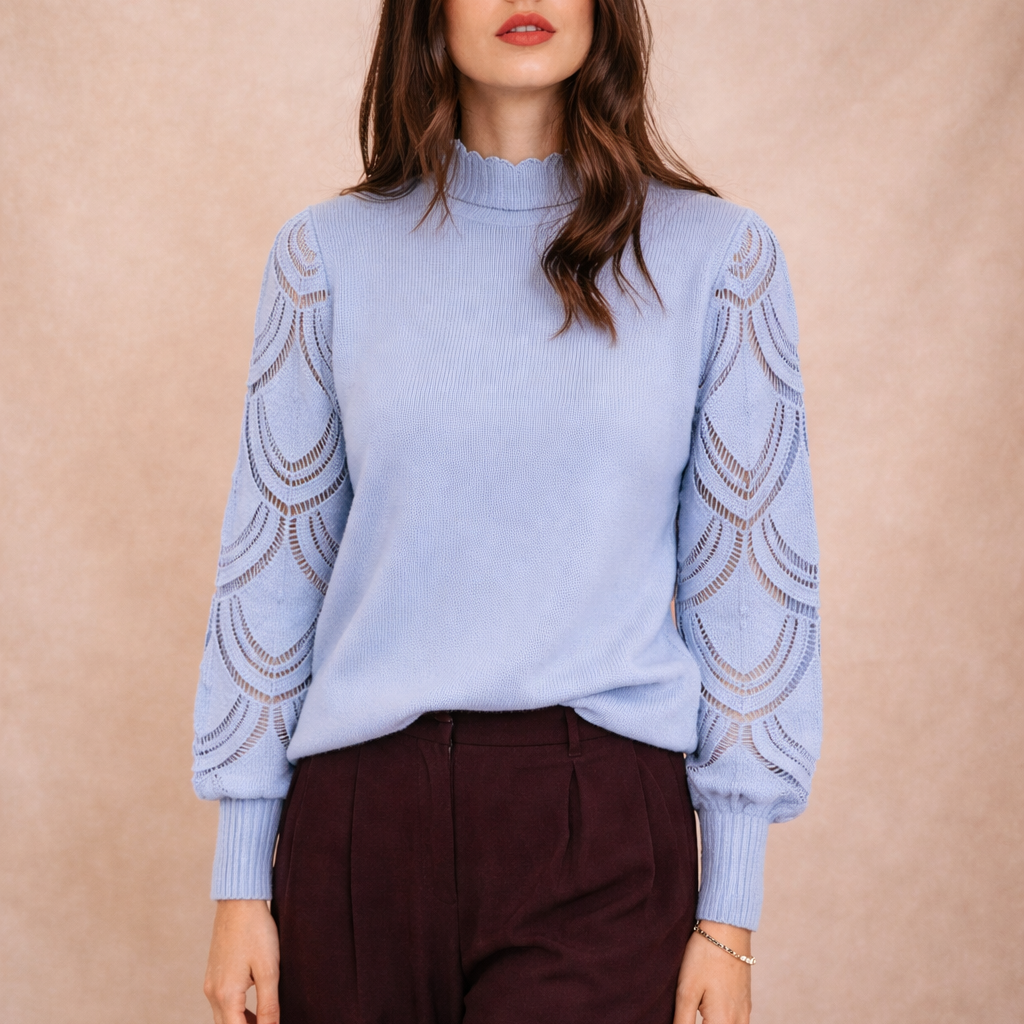Maglione Donna azzurro Collo Alto Smerlato | Maniche in Pizzo