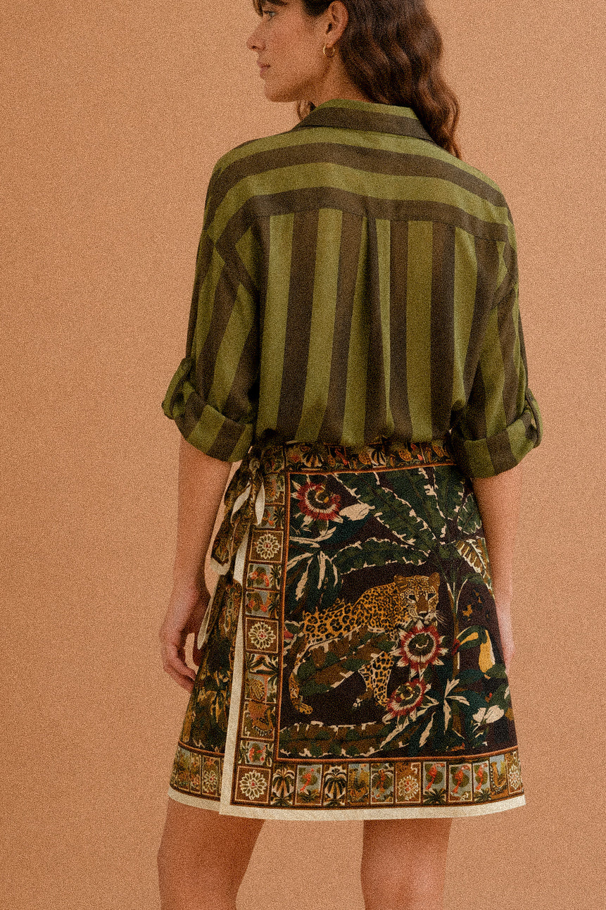 Camicia a righe verde oliva in cotone con colletto coreano – Manica 3/4