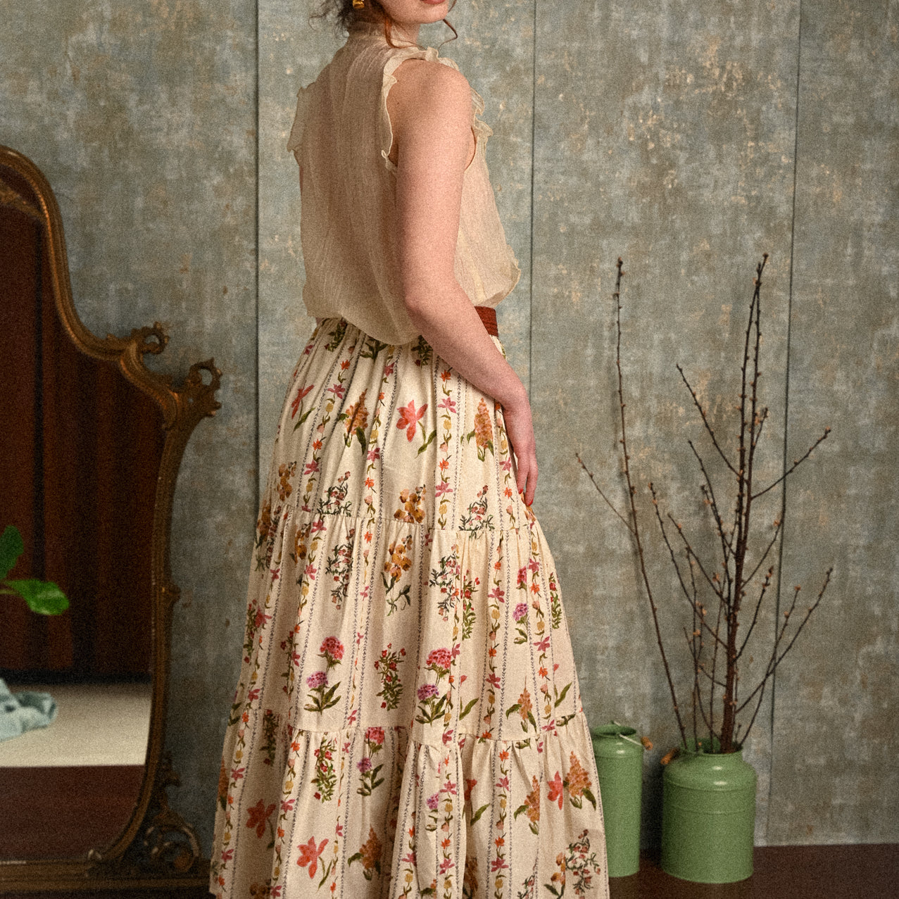 Gonna Camelia a balze in cotone – gonna lunga fluida con elastico in vita e fantasia floreale