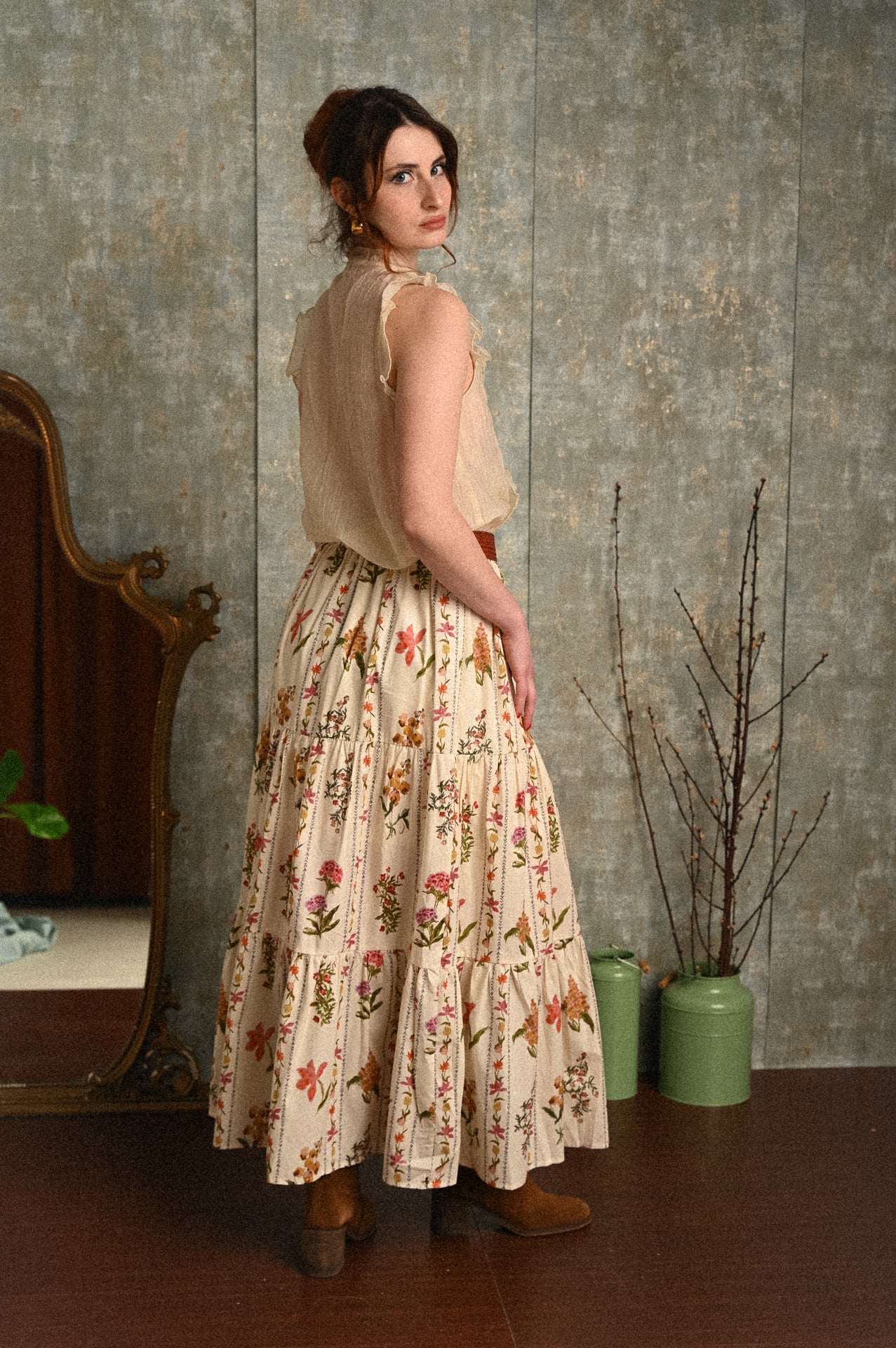 Gonna Camelia a balze in cotone – gonna lunga fluida con elastico in vita e fantasia floreale