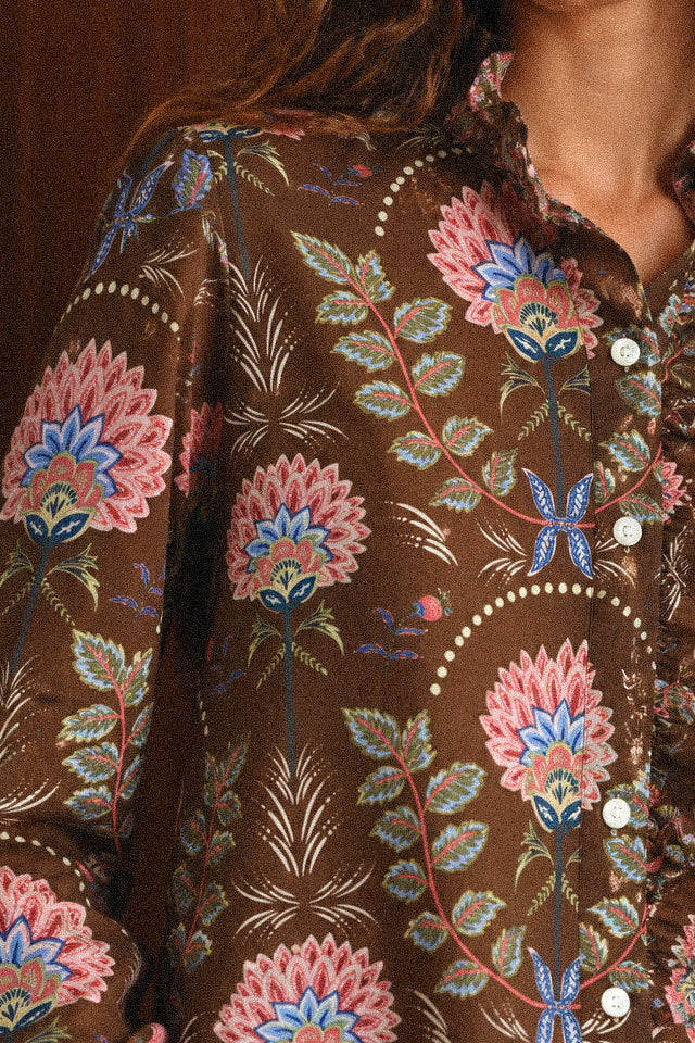Camicia donna Amelia fantasia floreale folk e colletto arricciato