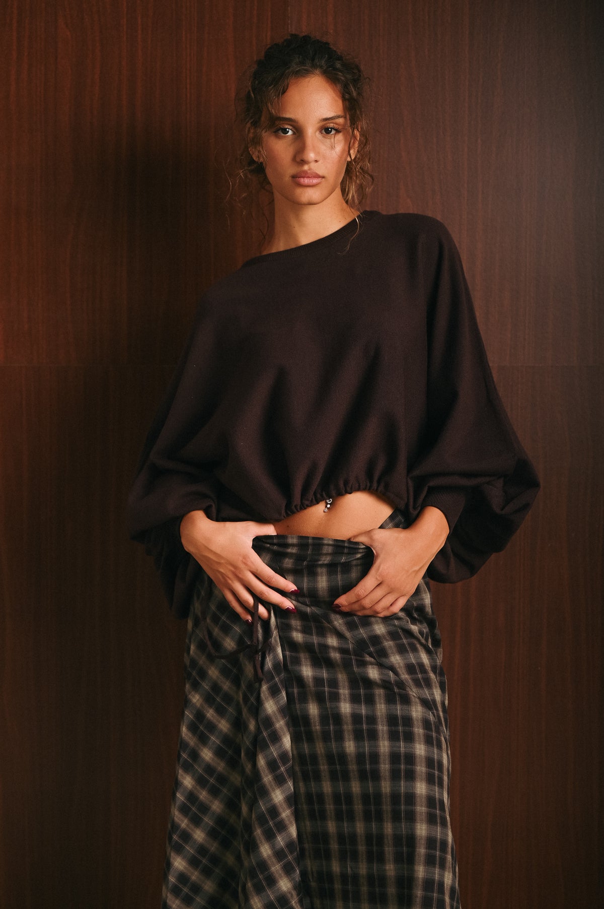 Gonna midi donna a portafoglio asimmetrica in check con zip laterale