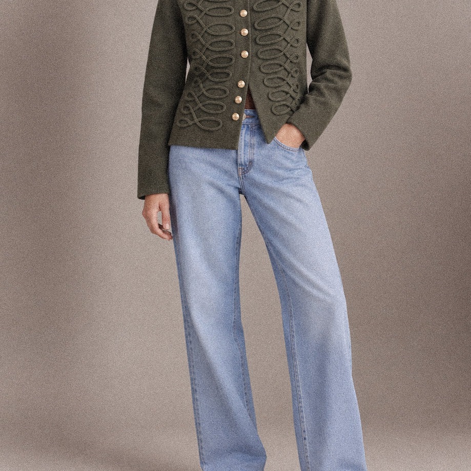 Cardigan Donna Kaki con Ricamo Ornamentale e Bottoni Dorati