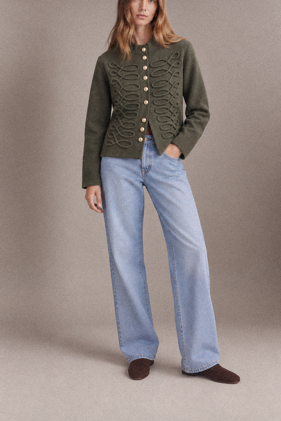 Cardigan Donna Kaki con Ricamo Ornamentale e Bottoni Dorati