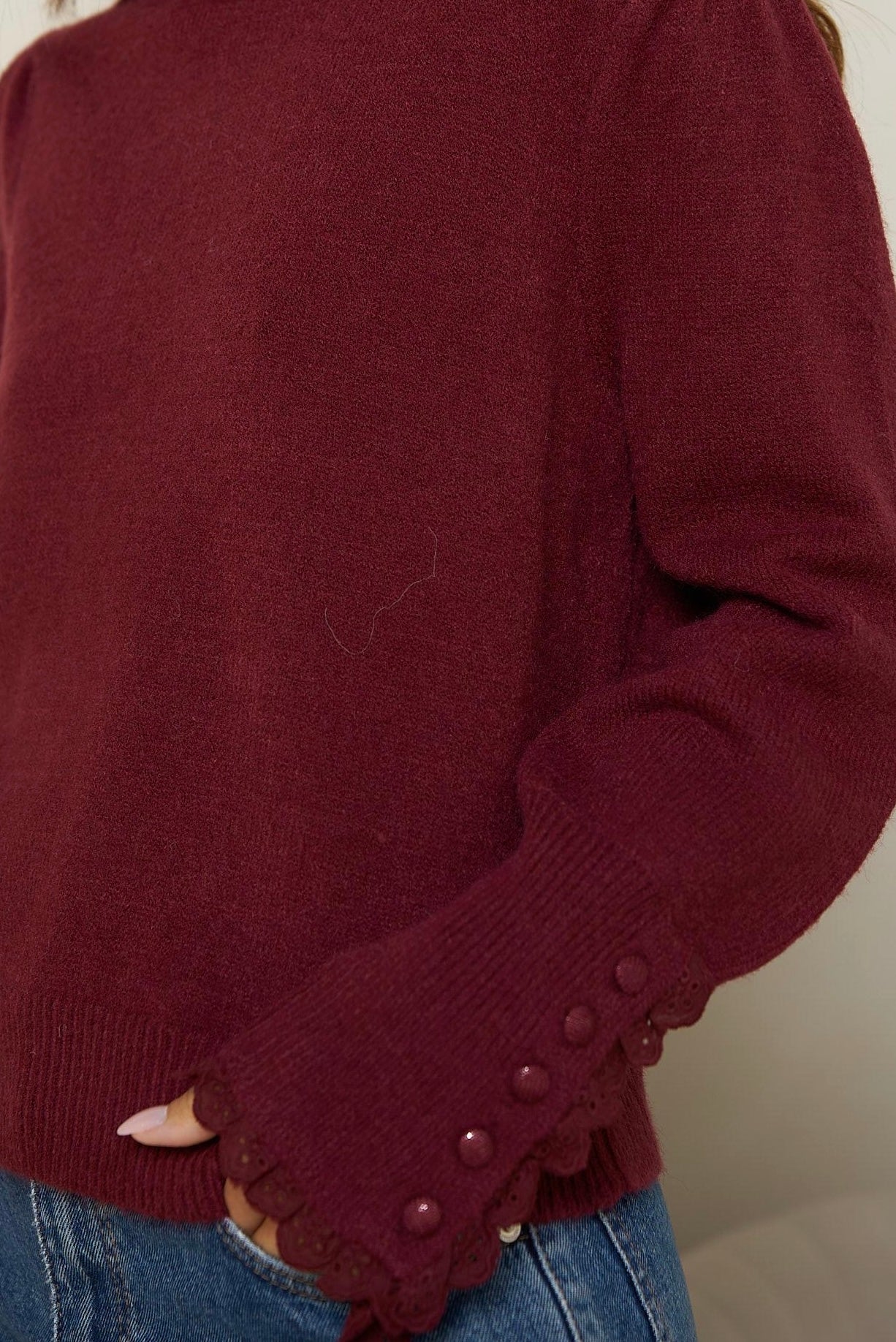 Maglia Donna bordeaux Modello Camille | Collo e Polsi in Pizzo | Misto Lana Morbido