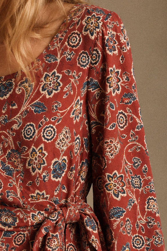 Abito Bianca Corto Donna Fantasia Floreale bordeaux con Nodo Laterale