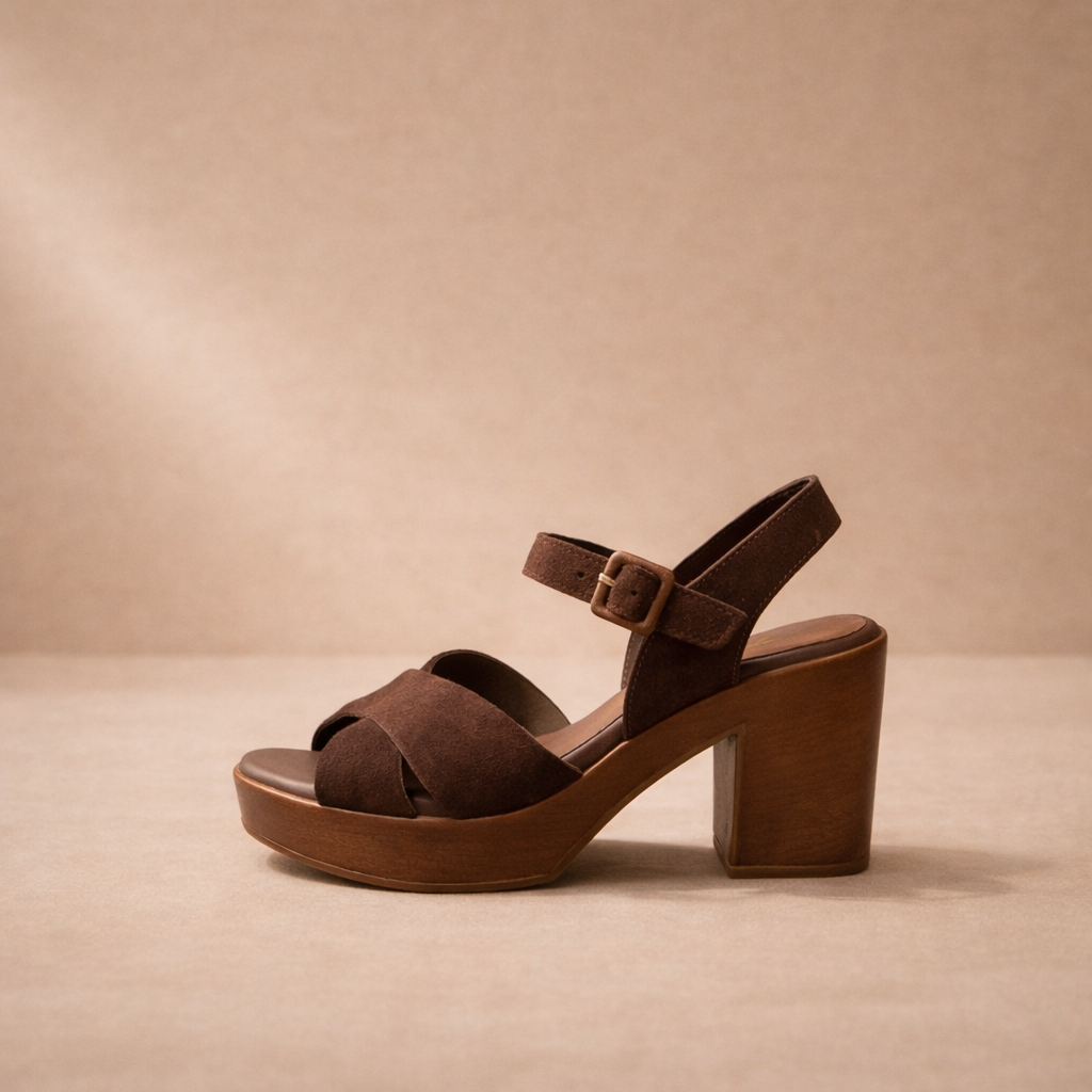 Sandalo in Pelle marrone con Tacco Largo e Plateau
