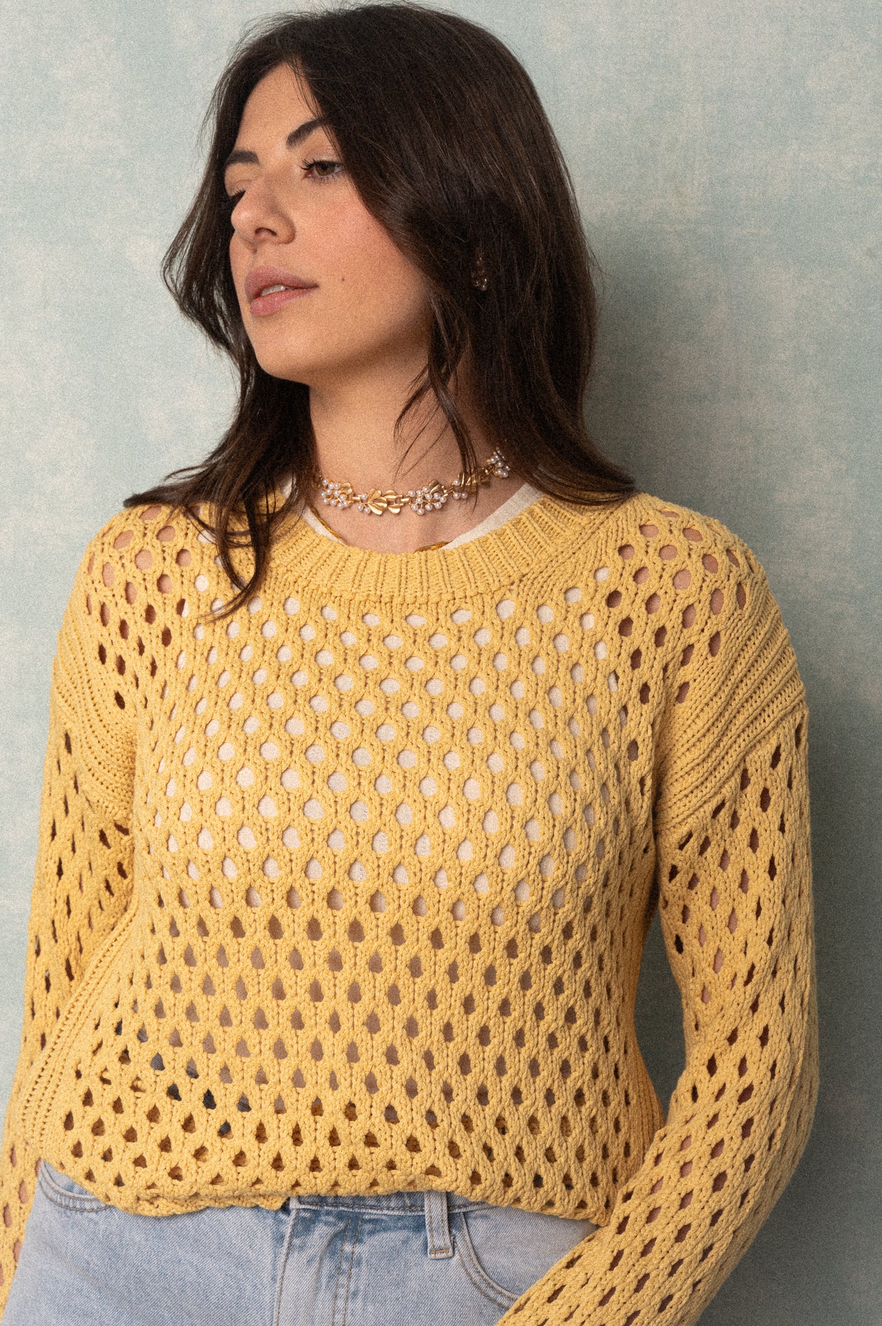 Maglia traforata mustard in cotone