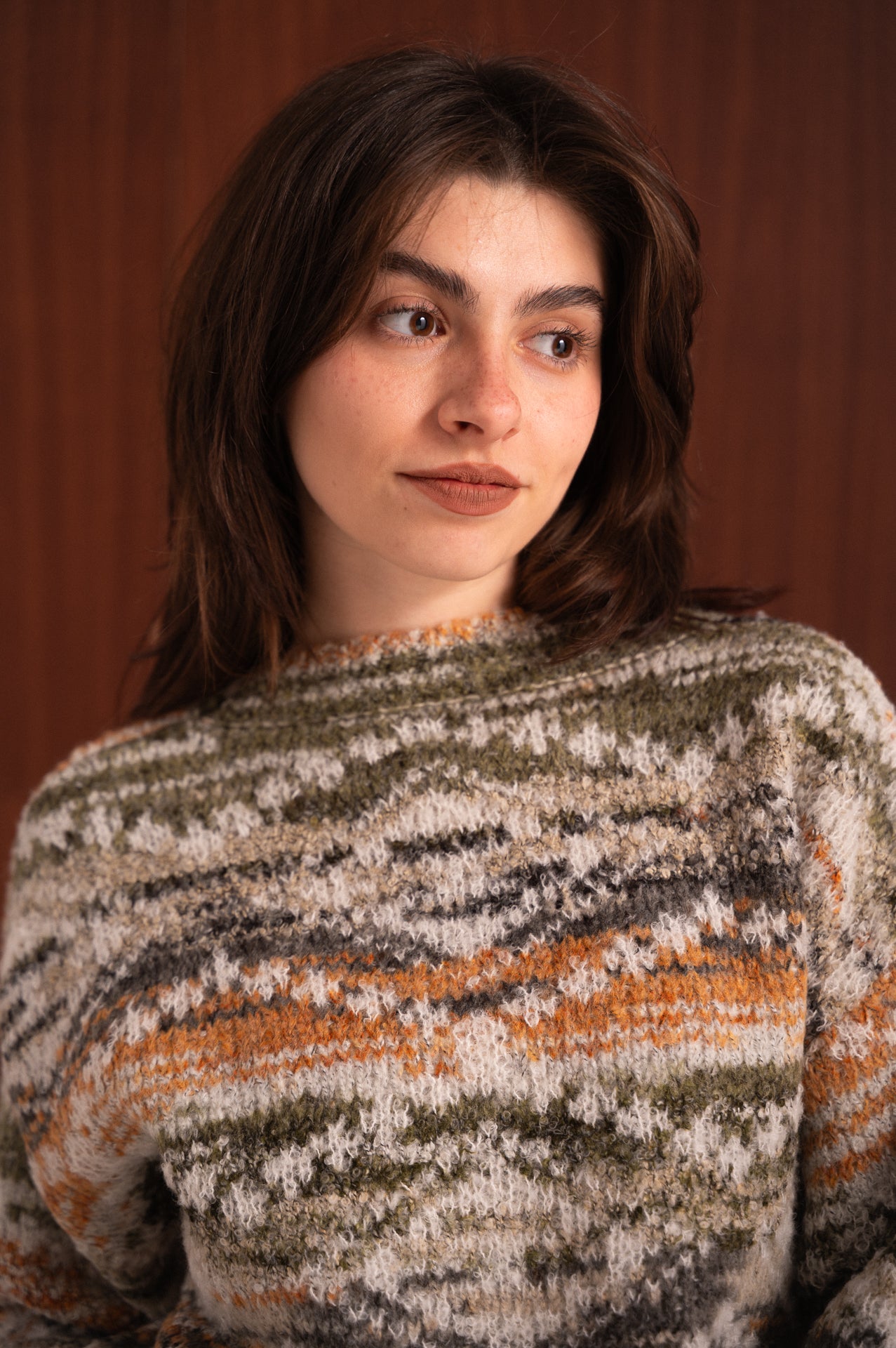 Maglione fantasia a righe multicolor senape, panna  kaki– morbido effetto mélange