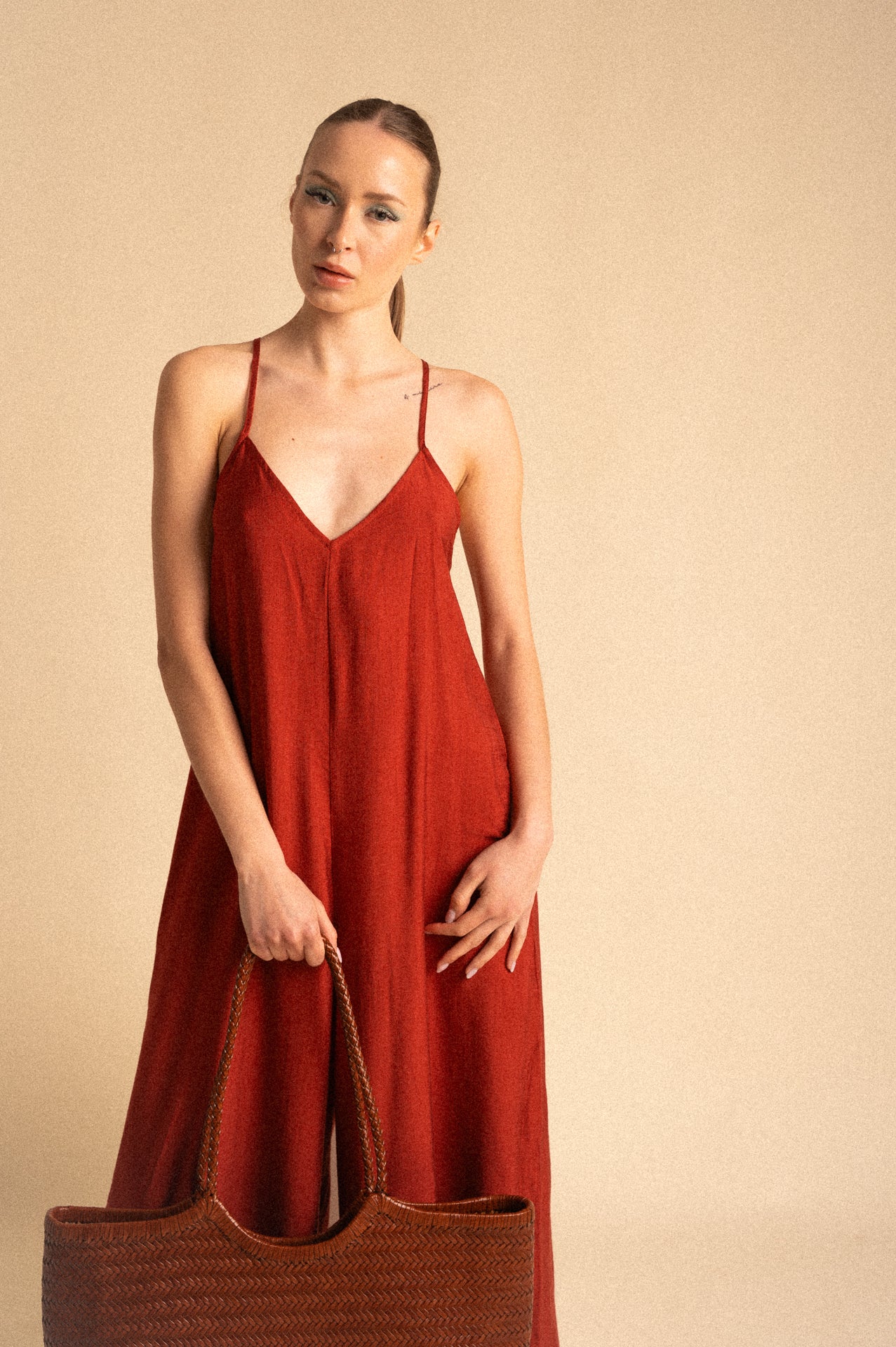 Jumpsuit Lunga Terracotta in Viscosa con Spalline Sottili