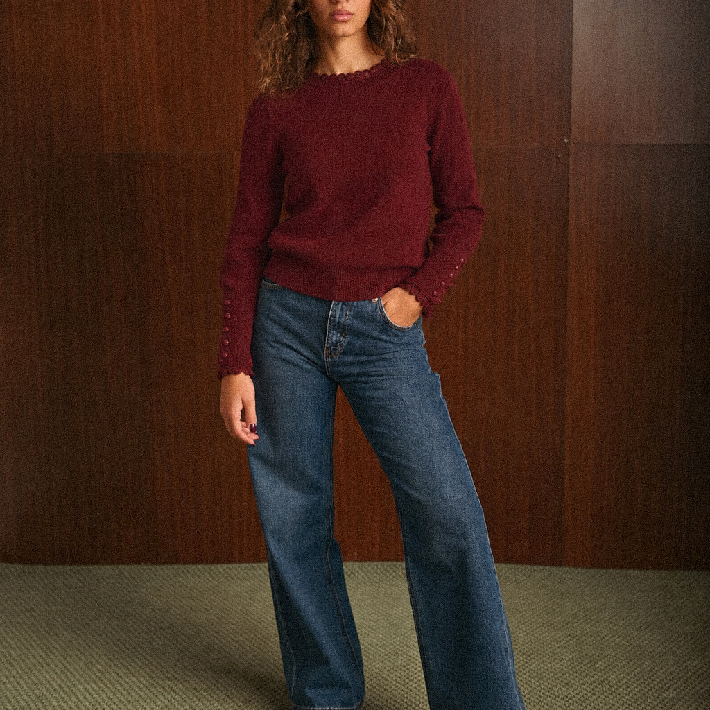 Maglione Cristine donna bordeaux in maglia con colletto e polsini in pizzo
