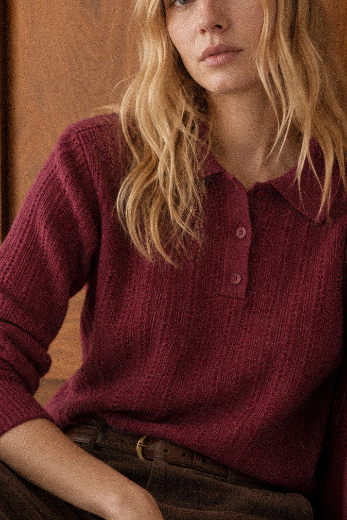 Polo Donna in Maglia Bordeaux a Coste Verticali Fini