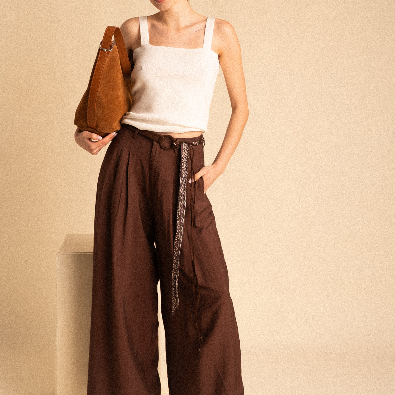 Pantalone Palazzo marrone Donna con Cintura Fantasia