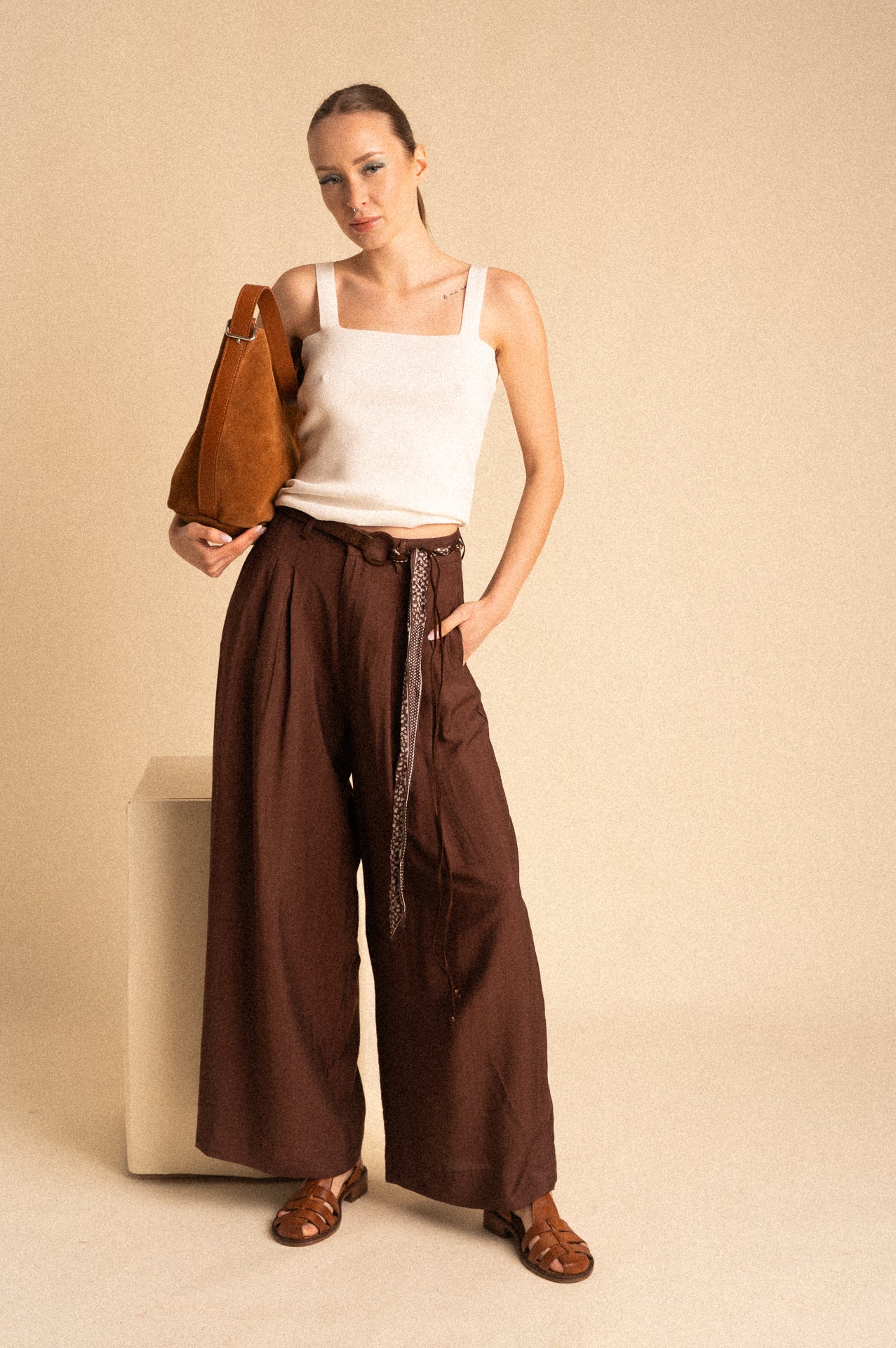 Pantalone Palazzo marrone Donna con Cintura Fantasia
