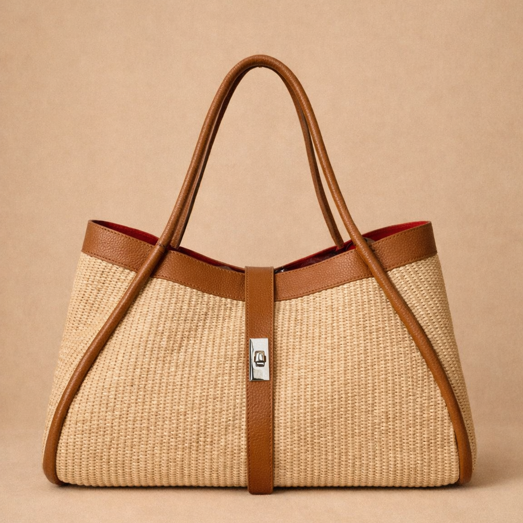 Borsa MyFair in pelle e rafia con tracolla regolabile – shopper artigianale Made in Italy