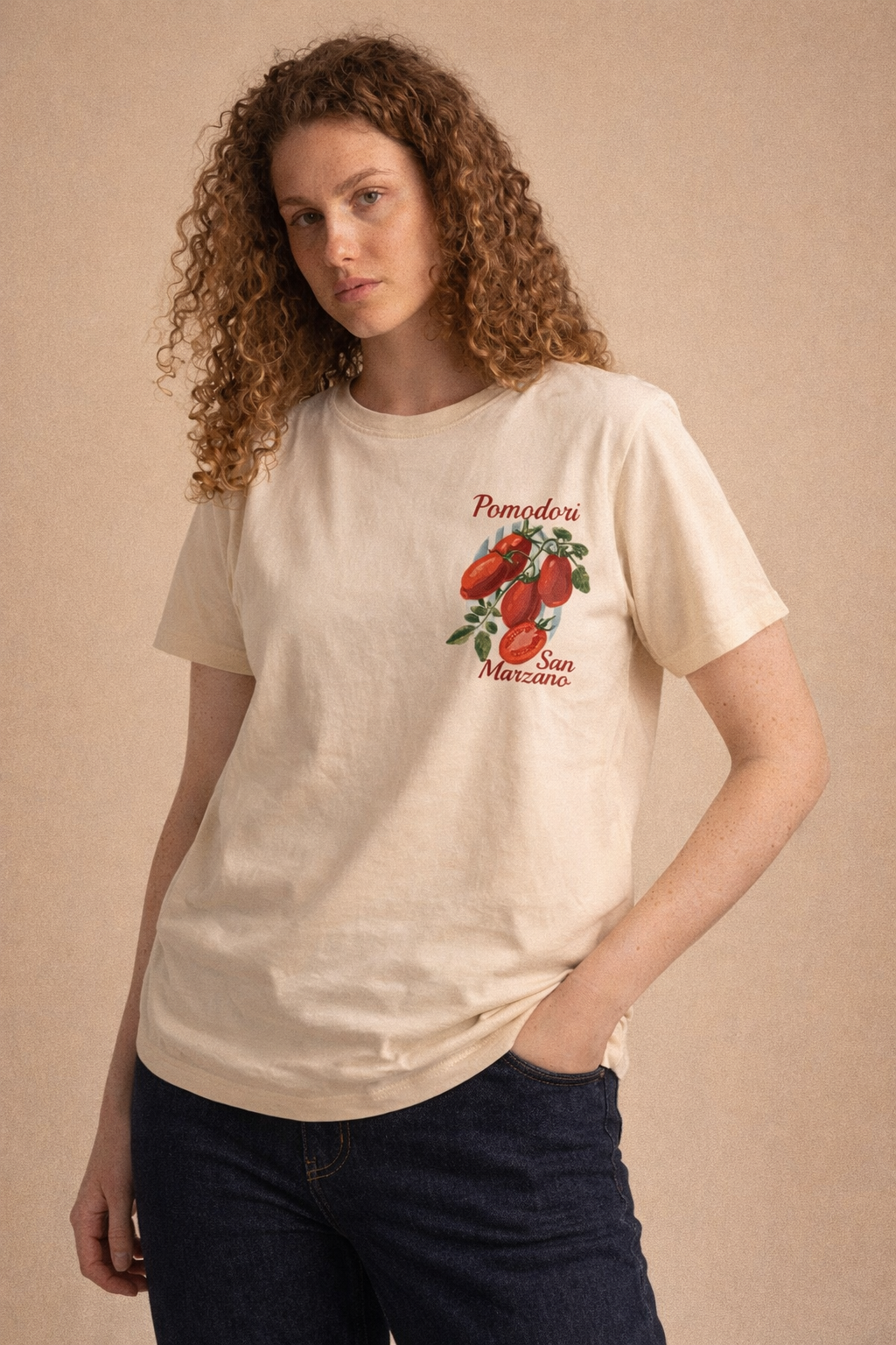 T-shirt Donna Albicocca Chiaro in Cotone 100% con Stampa Pomodori
