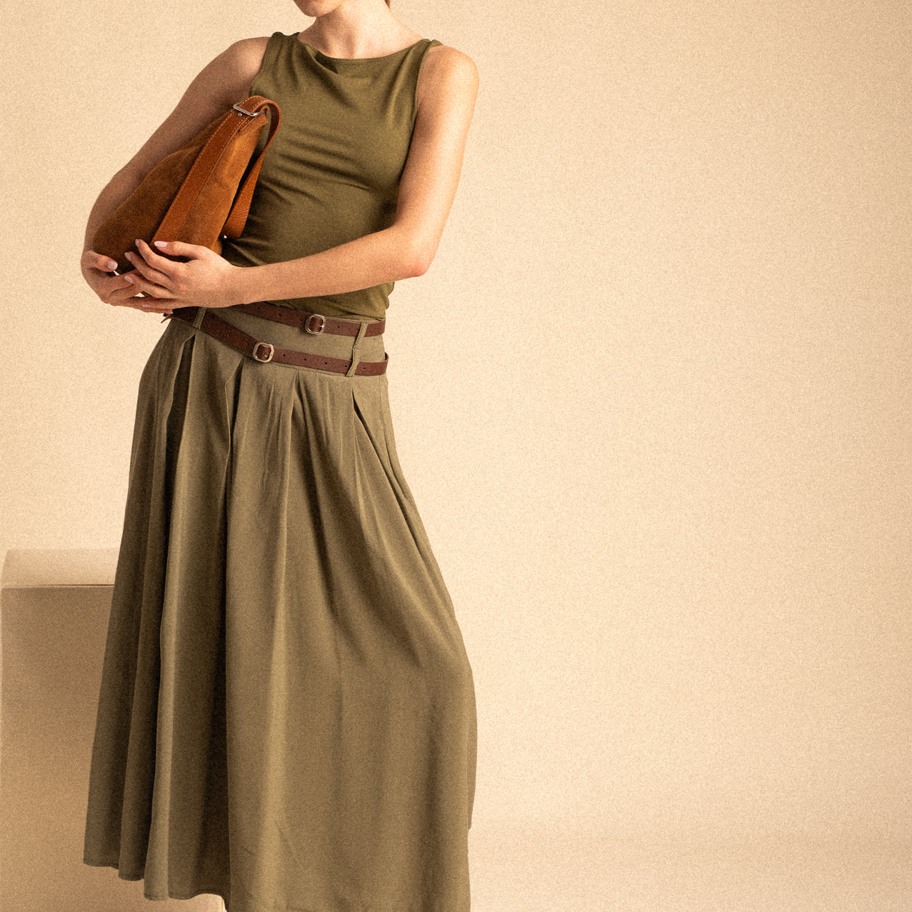 Gonna Midi SoHo – Verde Kaki con Doppia Cintura