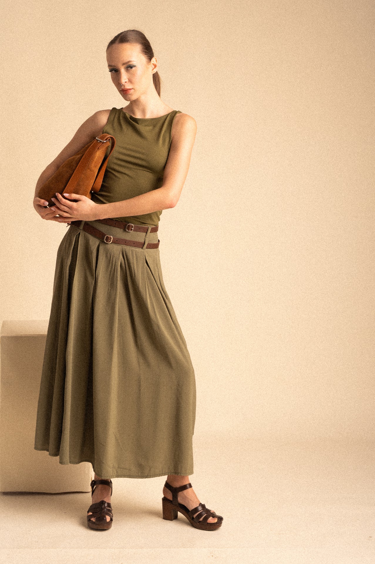Gonna Midi SoHo – Verde Kaki con Doppia Cintura