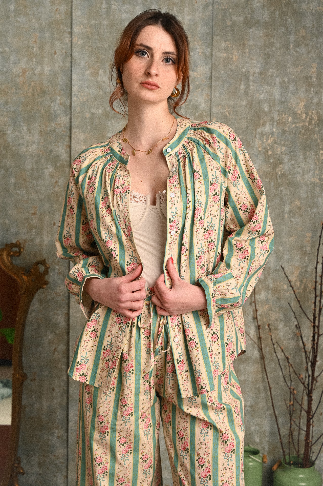 Camicia Primula a Fantasia con Colletto Coreano in Cotone 100% Donna