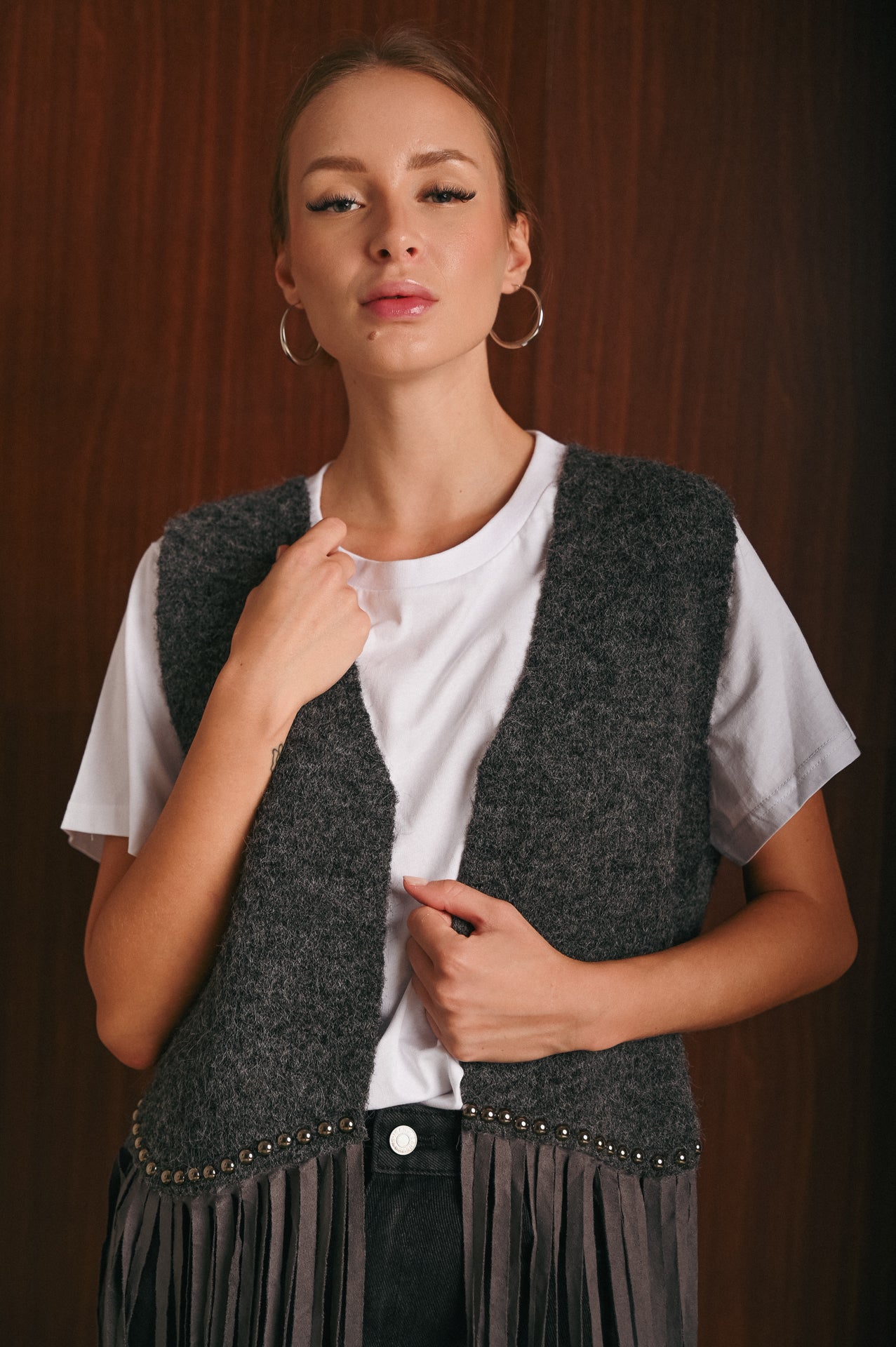 Gilet Donna Grigio con Frange e Borchie Effetto Western