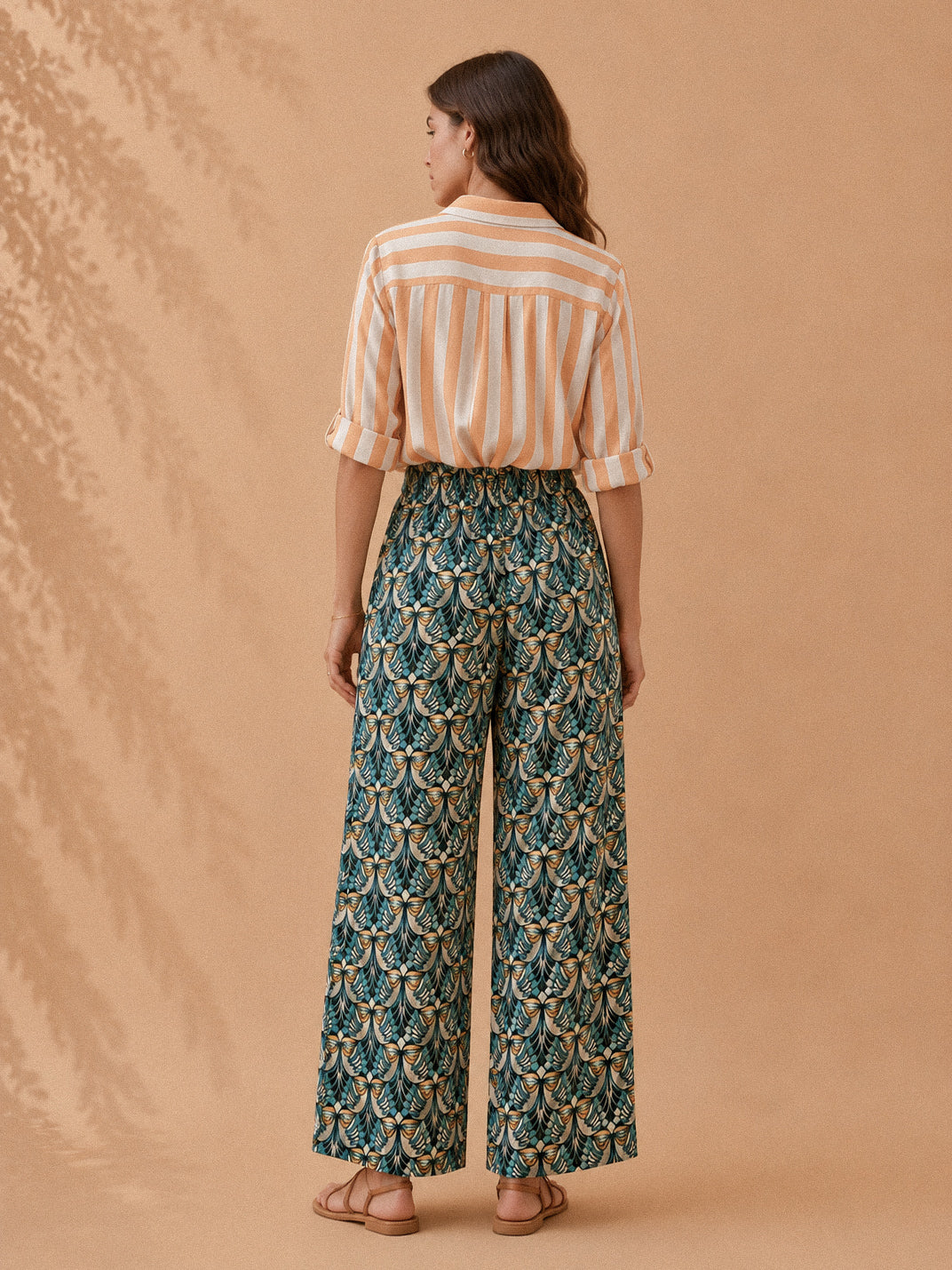 Pantalone palazzo fantasia verde petrolio e senape