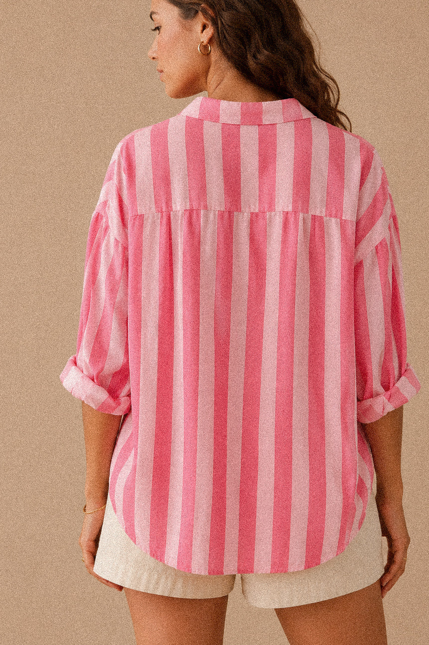 Camicia a Righe Rosa e Fucsia con Colletto Coreano in Cotone