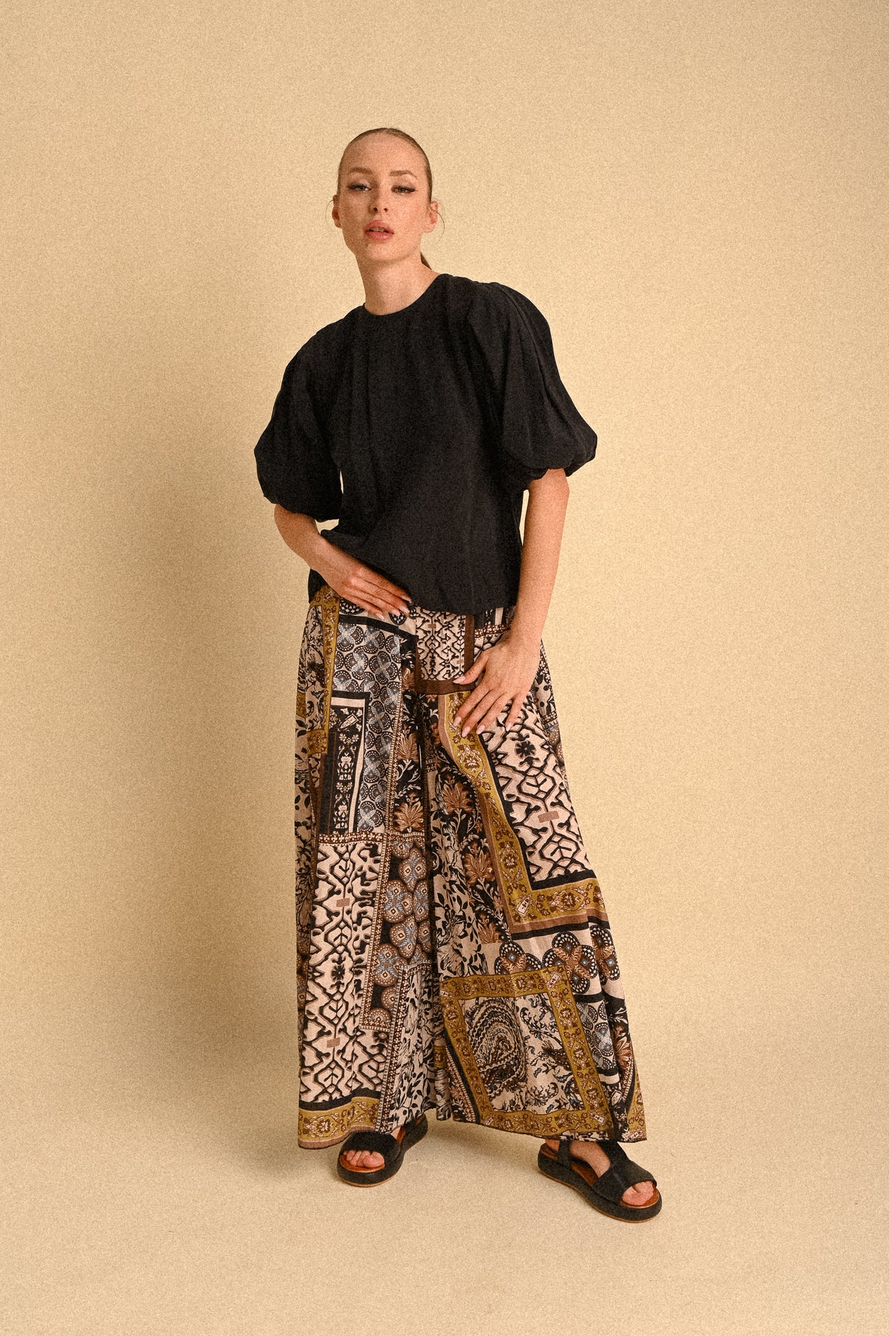 Pantalone Palazzo Kyoto in Cotone Fantasia Patchwork