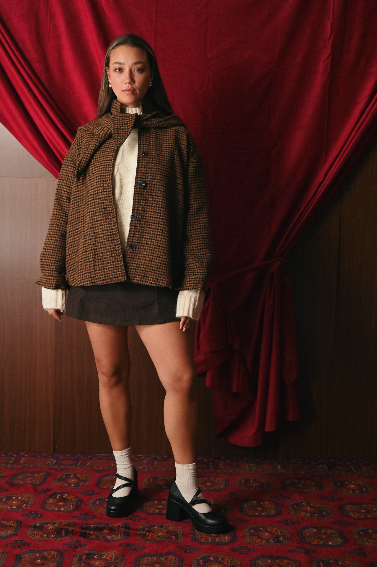 Giacchino Corto Donna Pied de Poule con Cappuccio | Giacca 35% Lana Bottoni | Stile Collegiale