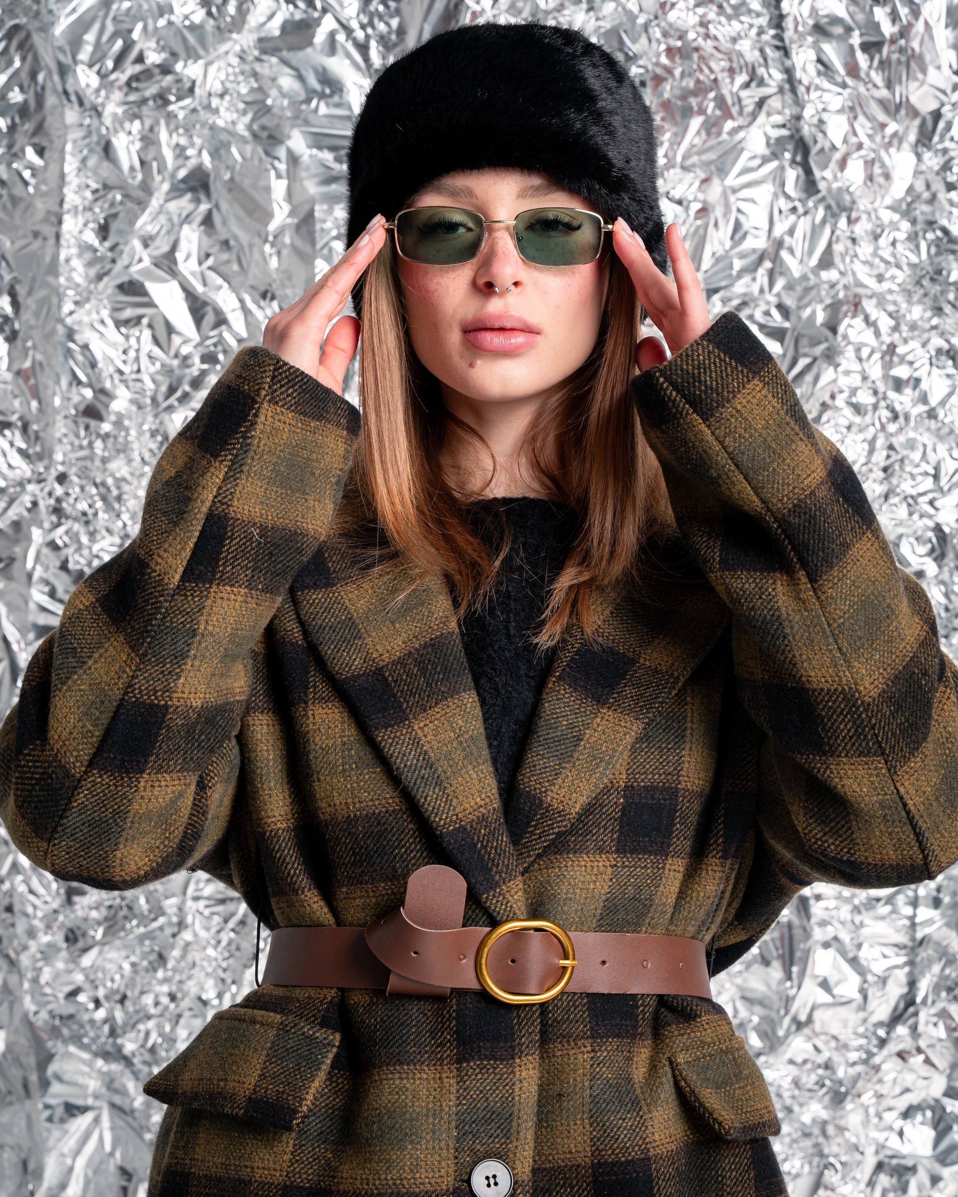 Cappotto corto a quadri multicolor con cintura