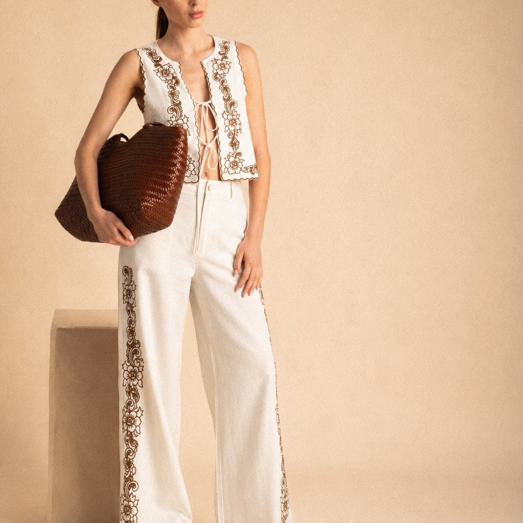 Completo Donna Safran con Gilet Ricamato e Pantalone Palazzo