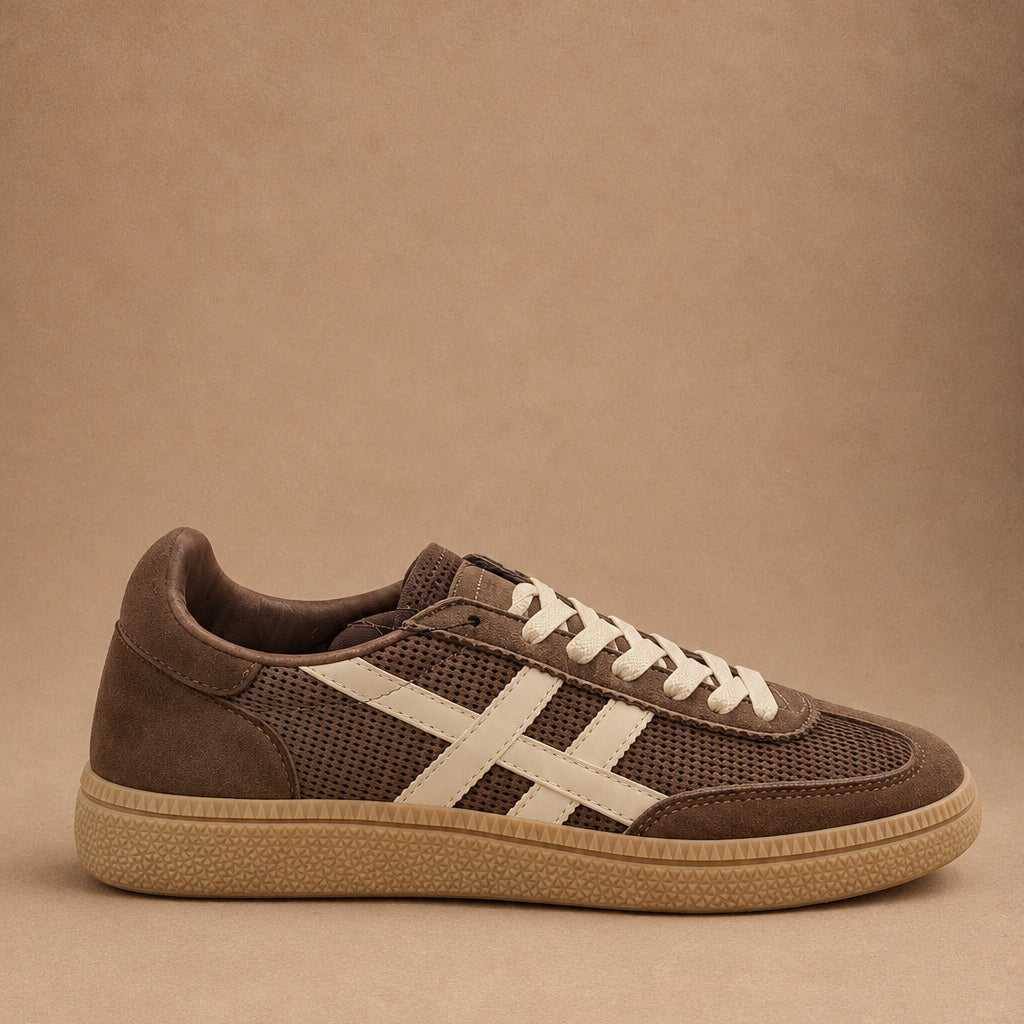 Sneakers marrone e Panna con Suola Caramello in Gomma e Dettagli Scamosciati