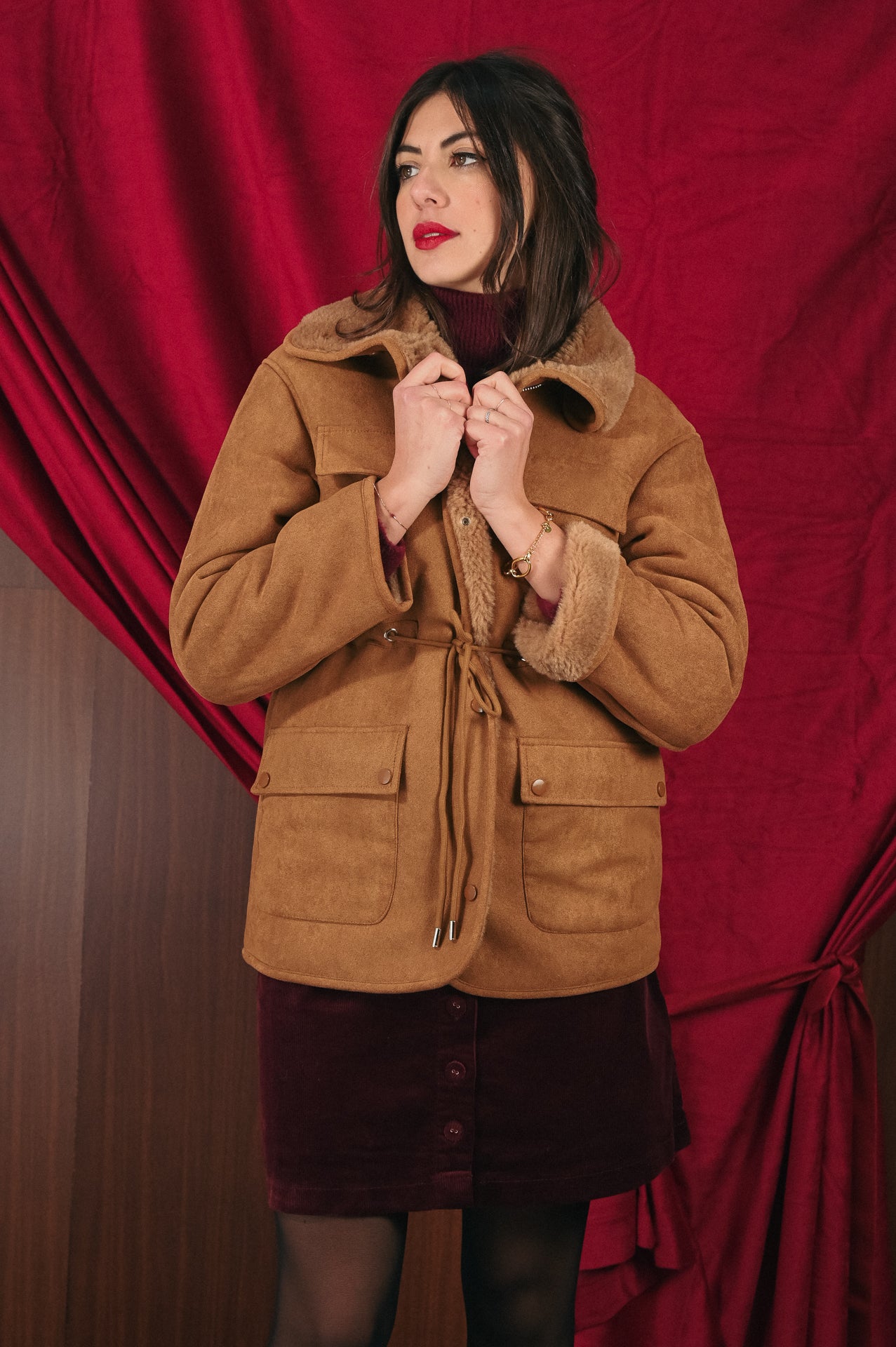 Giacca Invernale Donna Camoscio Finto e Pelliccia Ecologica | Imbottita Coulisse in Vita