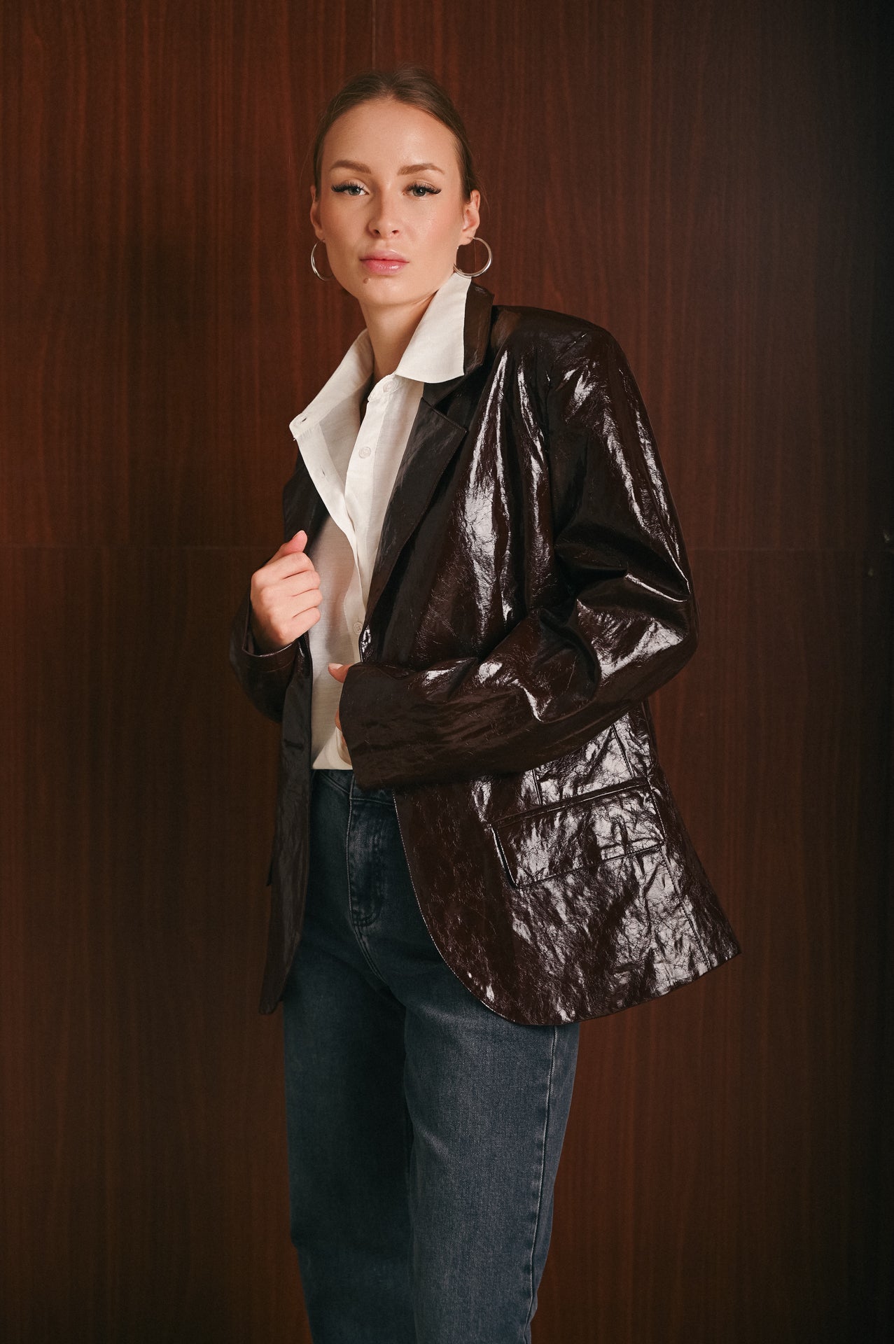 Blazer Donna Bordeaux Effetto Vinile con Revers e Velina Interna